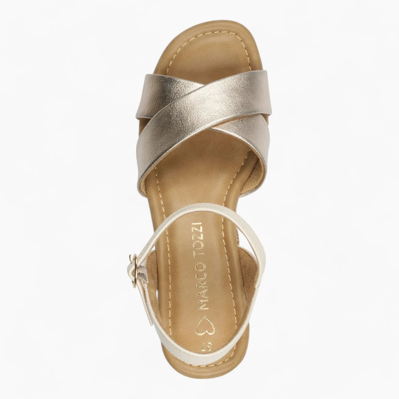 Marco Tozzi Platinum Wedge Sandal – Reflective Gold & Beige Straps - Leavys Shoes