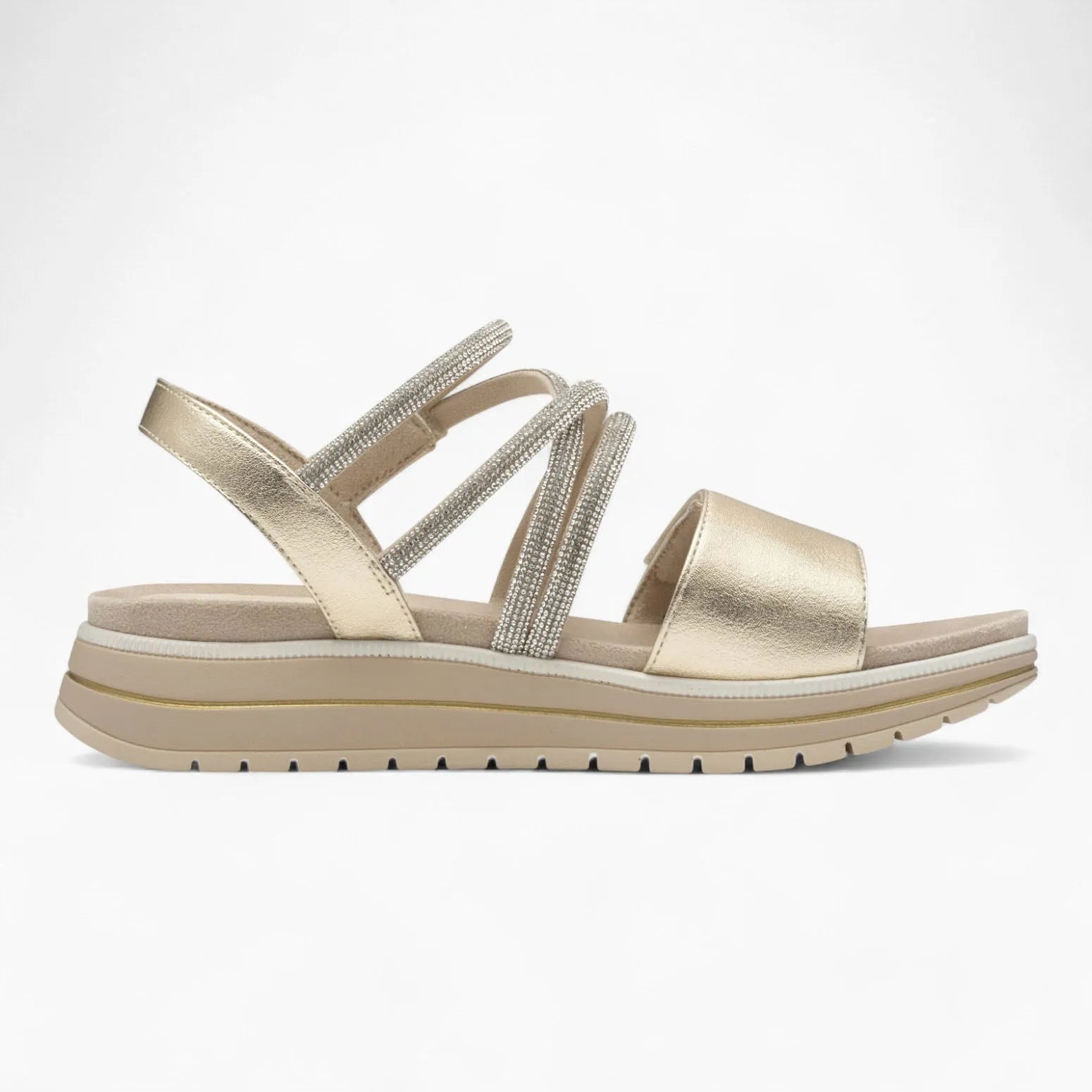 Marco Tozzi Gold Summer Sandal – Reflective Gold with Diamanté Details - Leavys Shoes