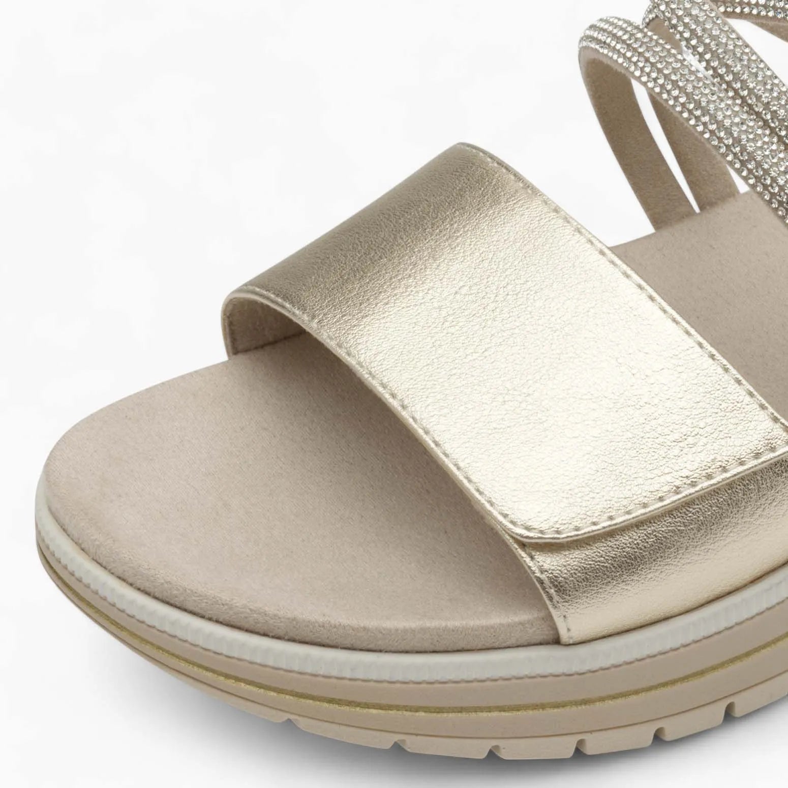 Marco Tozzi Gold Summer Sandal – Reflective Gold with Diamanté Details - Leavys Shoes
