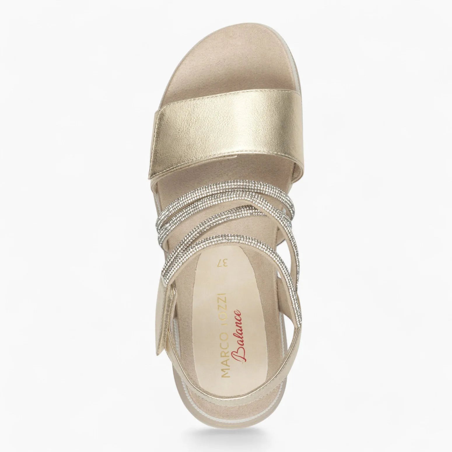 Marco Tozzi Gold Summer Sandal – Reflective Gold with Diamanté Details - Leavys Shoes