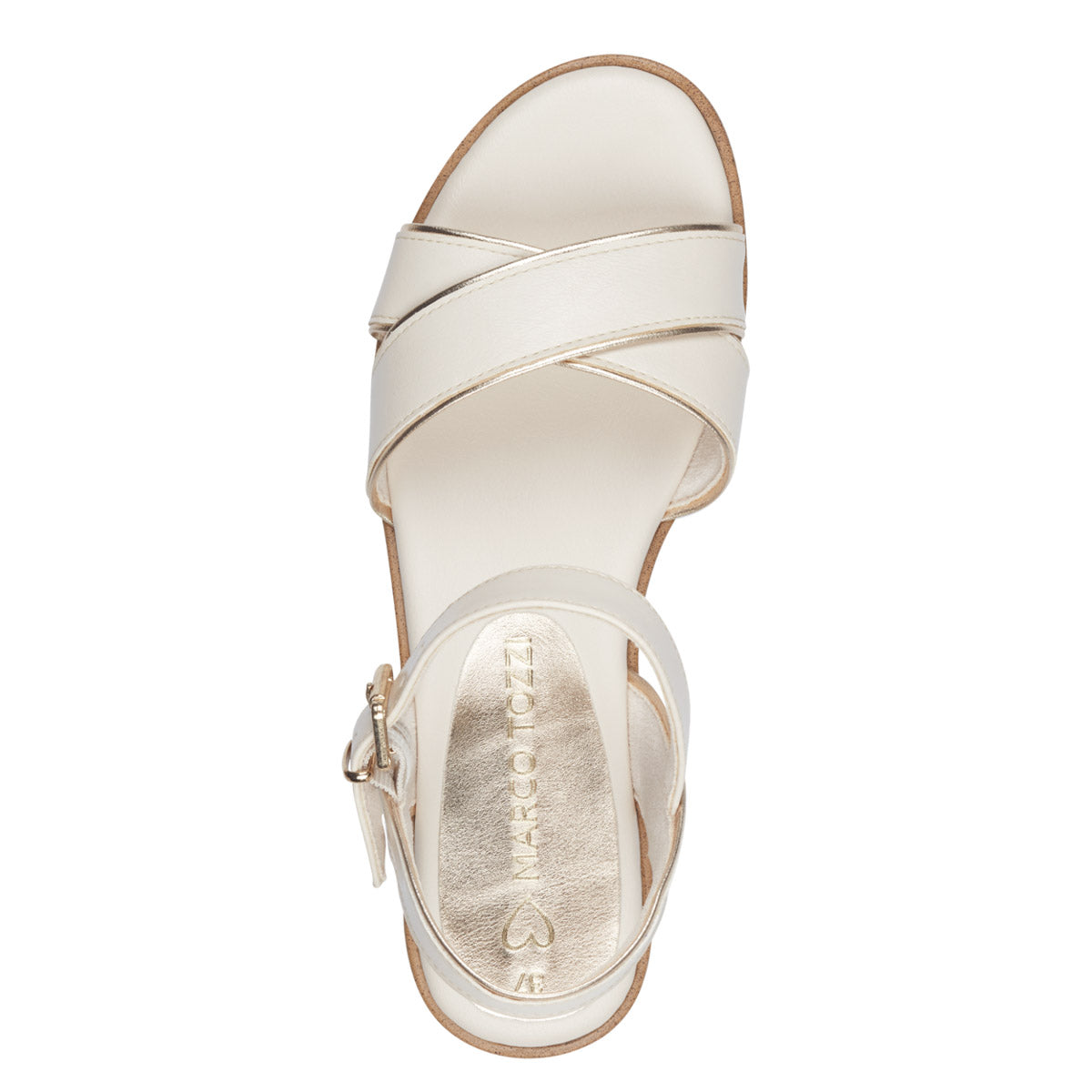 Marco Tozzi Cream-Coloured Vegan Sandal with Gold Buckle and Wedge Sole