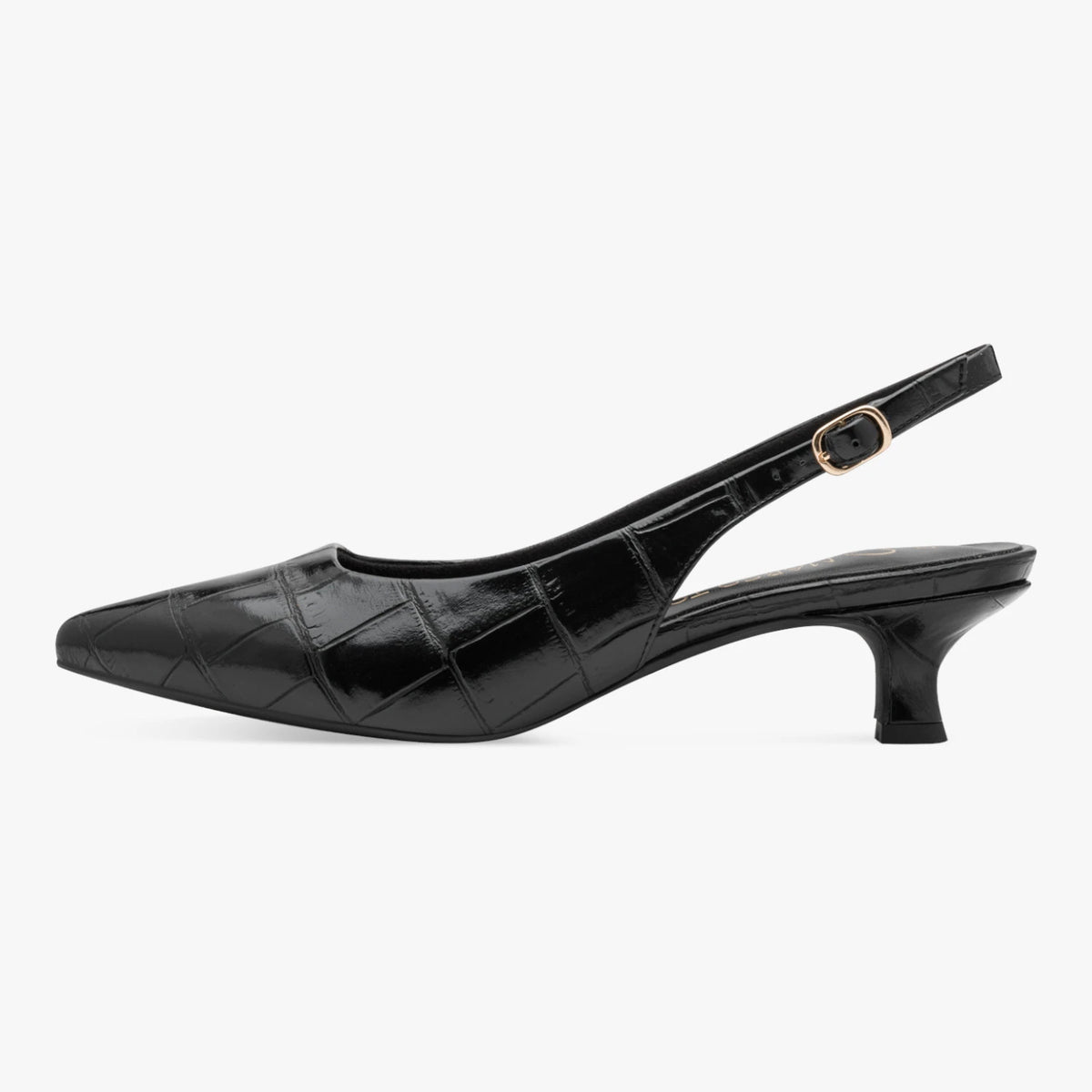 Outer side of the Marco Tozzi black croc slingback, showing the buckle and low kitten heel.