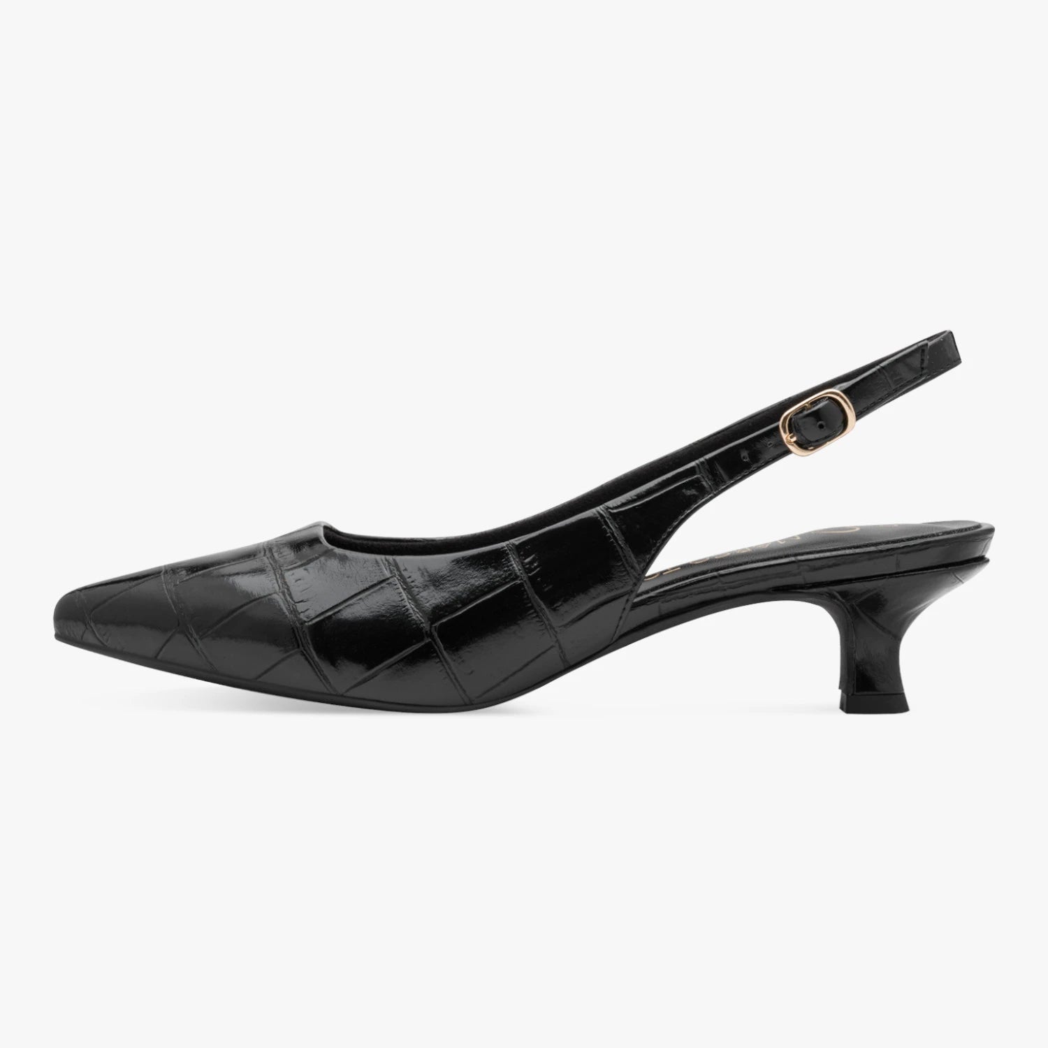 Outer side of the Marco Tozzi black croc slingback, showing the buckle and low kitten heel.