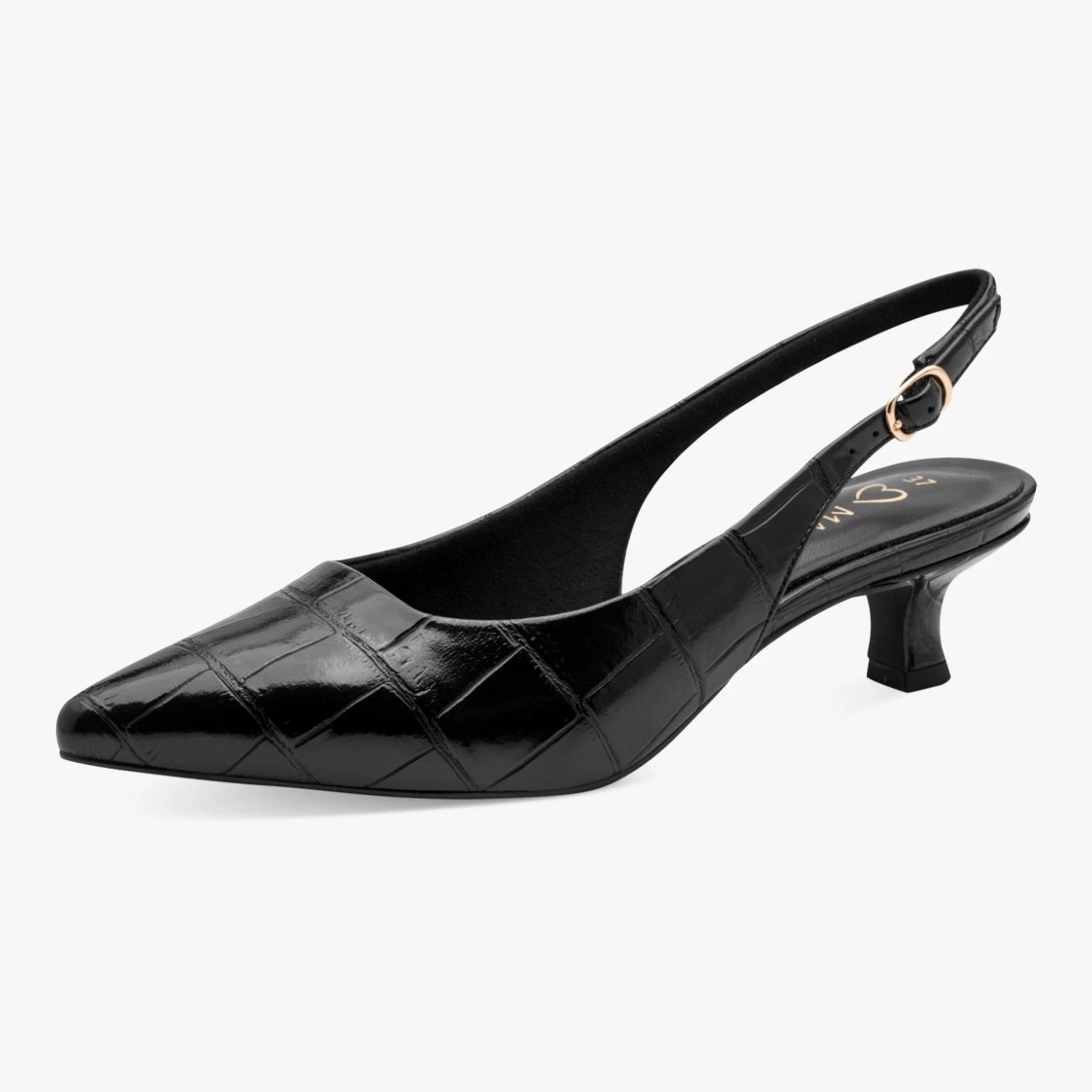 Marco Tozzi Black Croco slingback pump shown at a three-quarter angle.