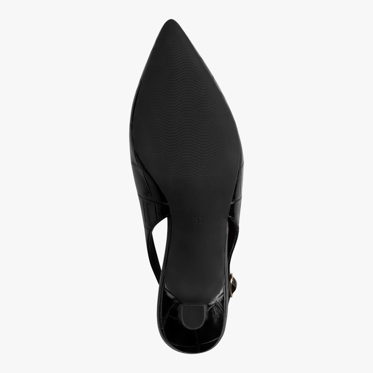 Black outsole and heel of the Marco Tozzi Black Croco slingback pump.