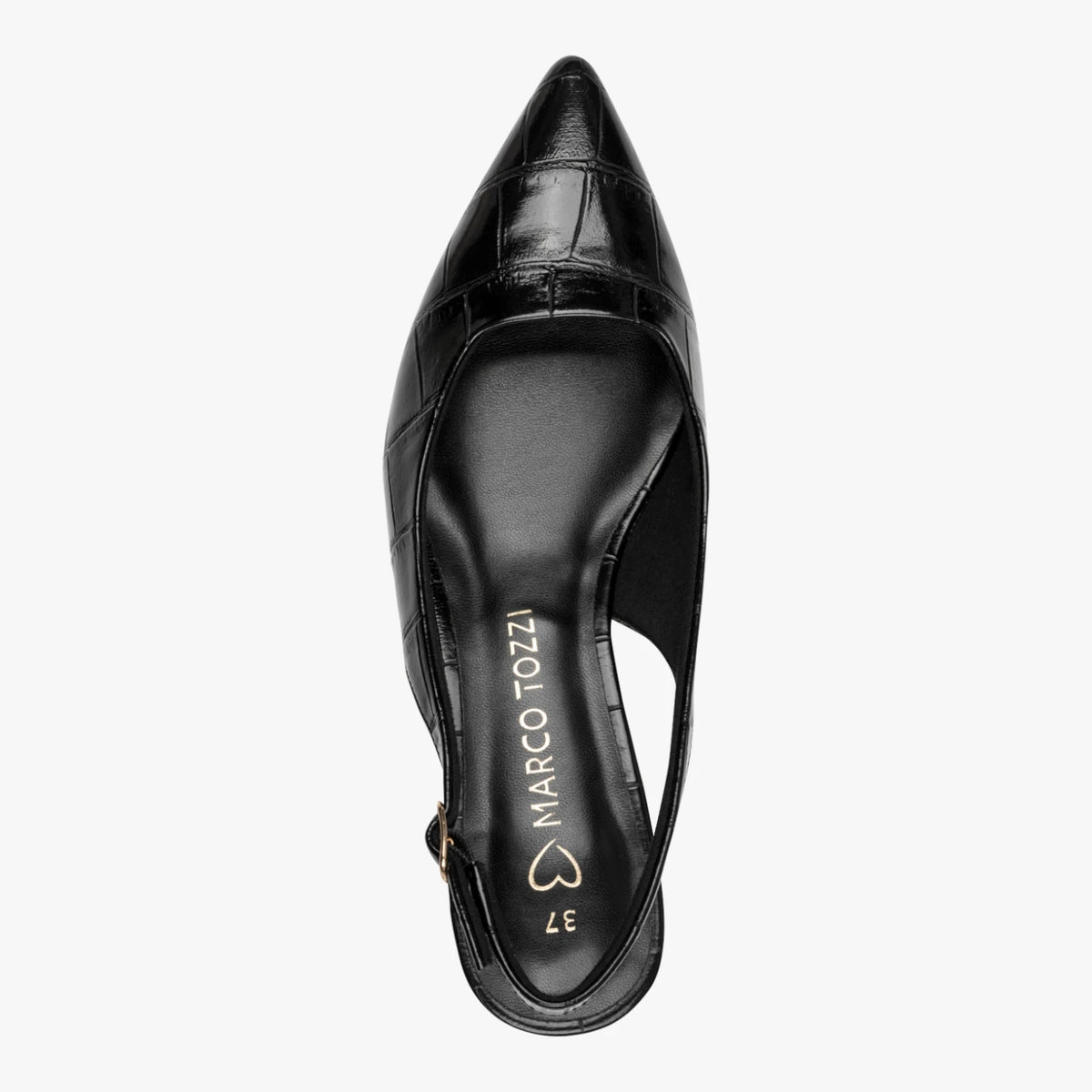 Top view of the Marco Tozzi black croc slingback, showing its pointed toe and cushioned insole.