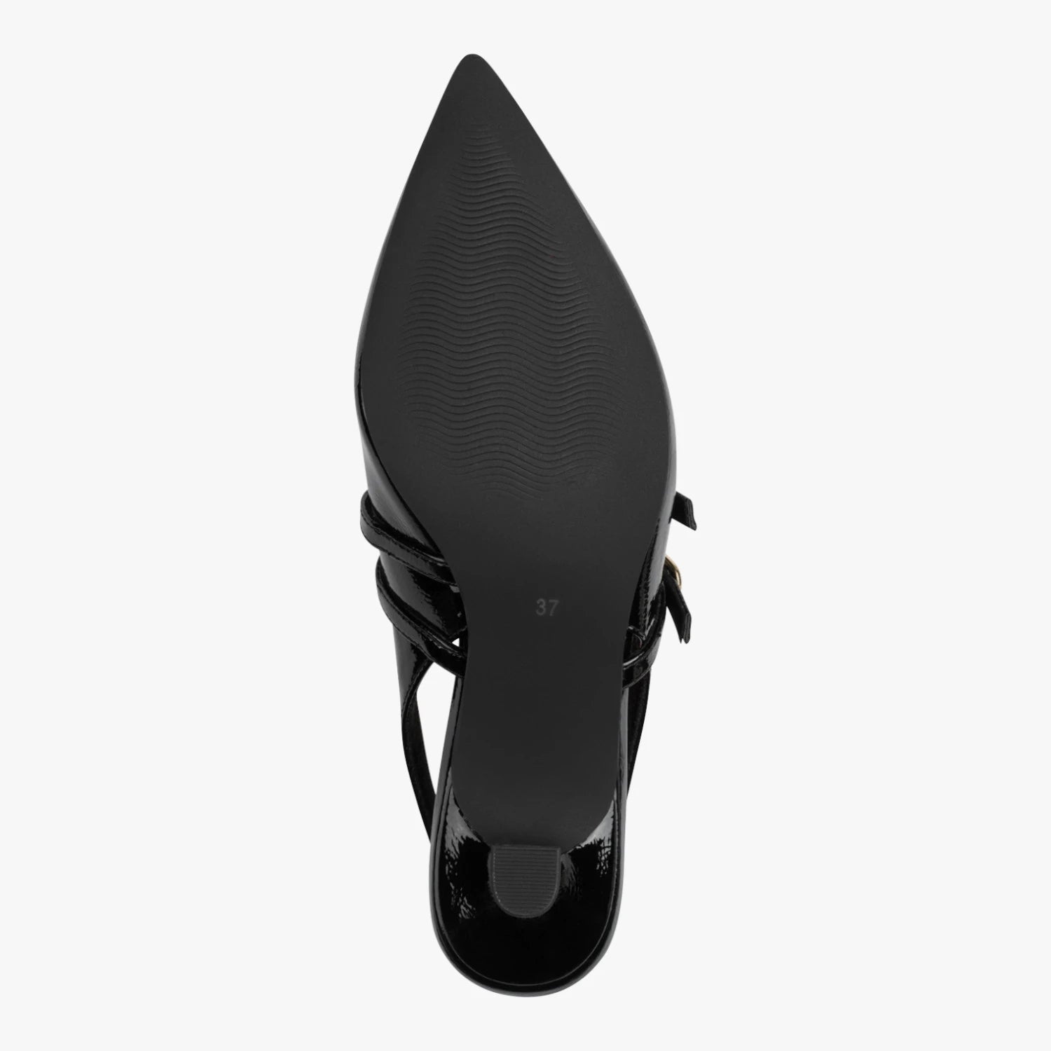 Marco Tozzi Black Patent Double-Strap Slingback Heels – sole view