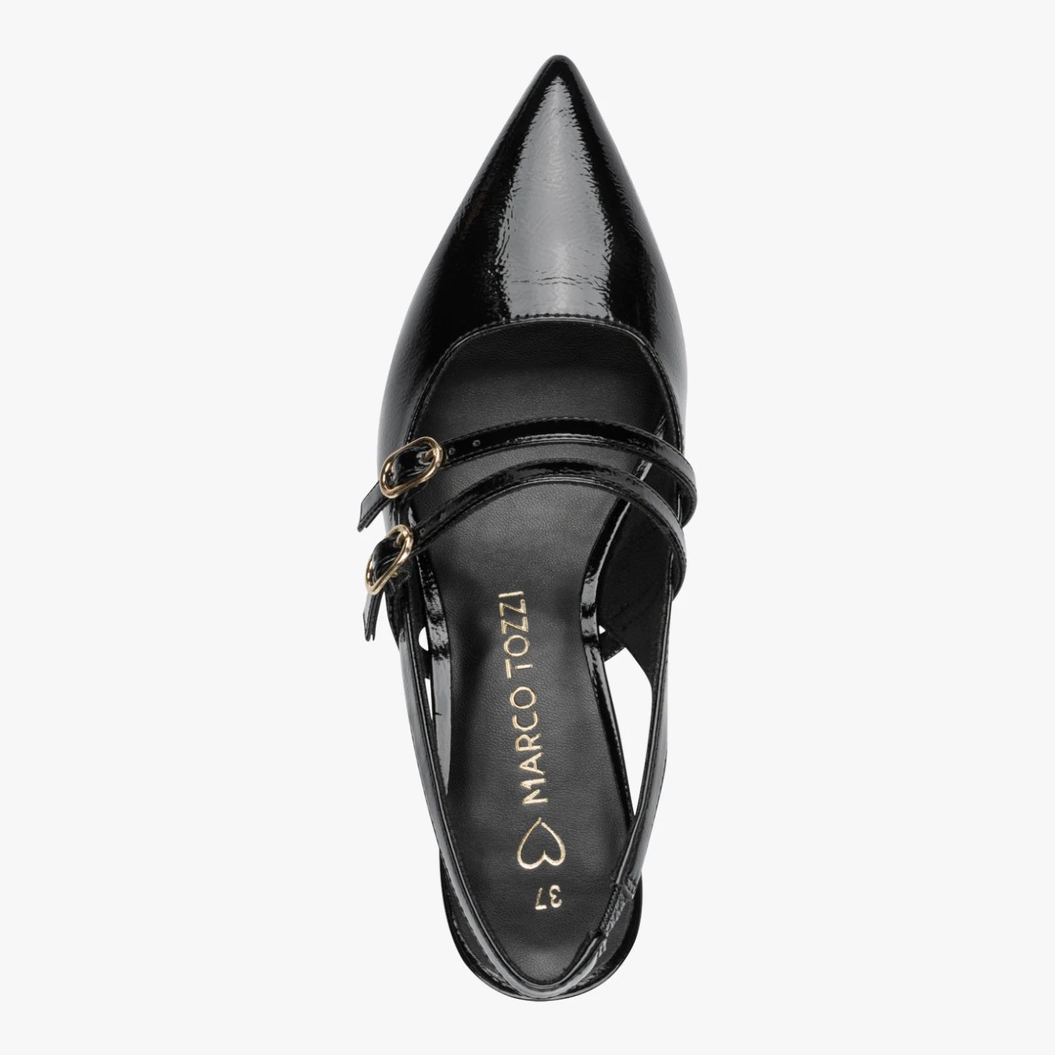 Marco Tozzi Black Patent Double-Strap Slingback Heels – top view