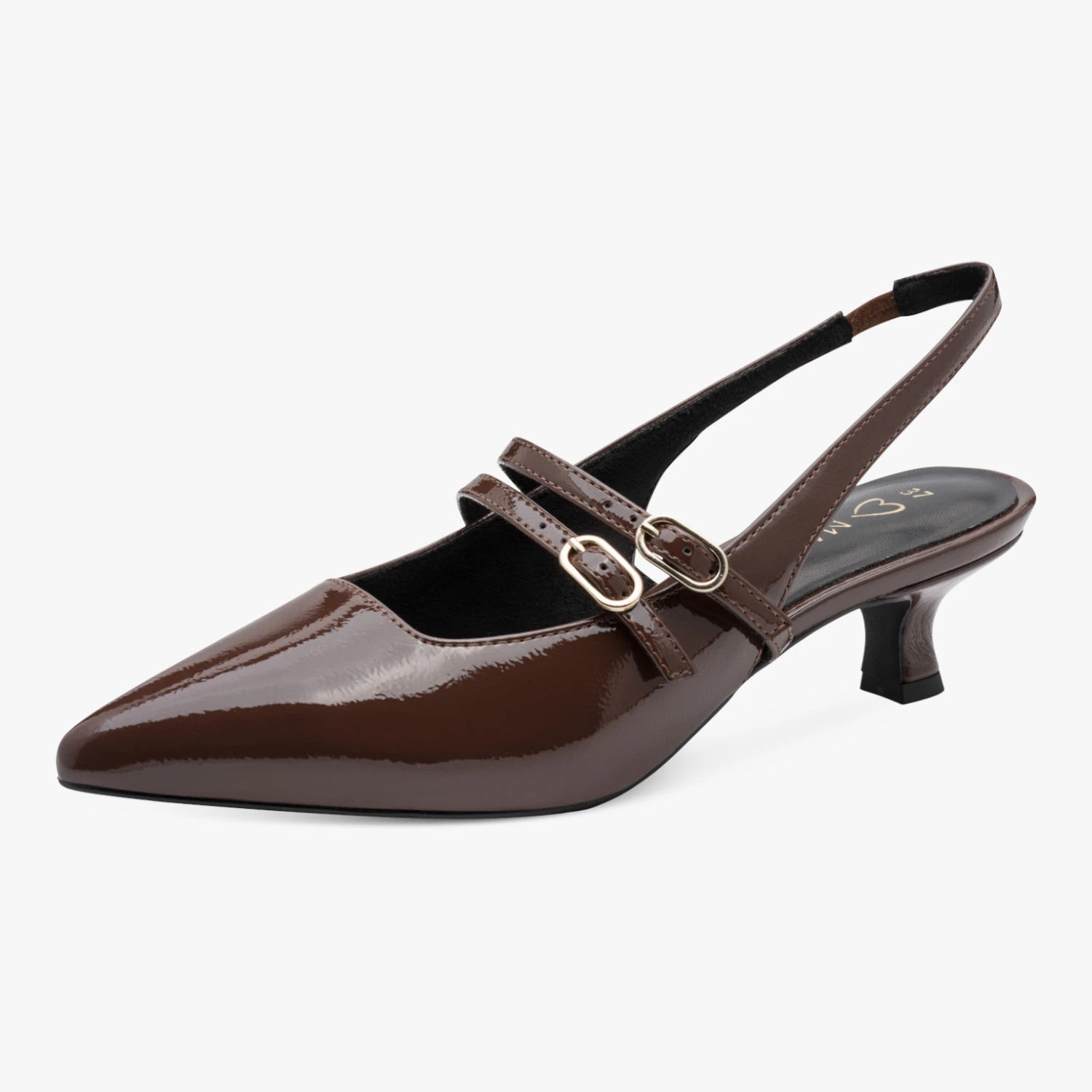 Marco Tozzi Brown Patent Kitten Heel Slingbacks