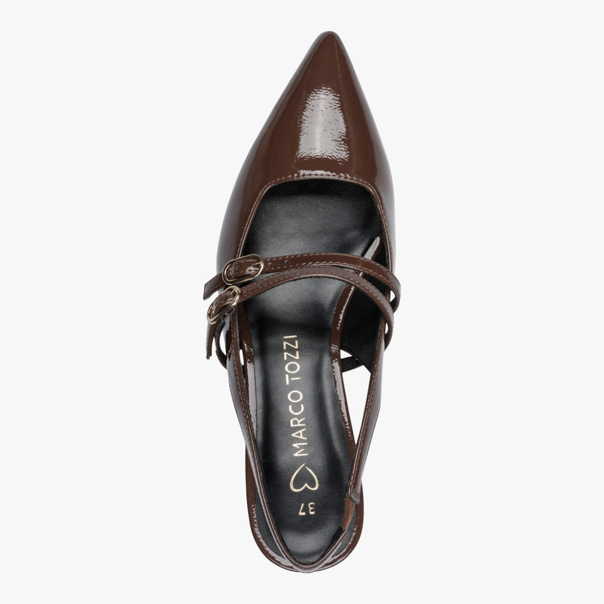 Marco Tozzi Brown Patent Kitten Heel Slingbacks
