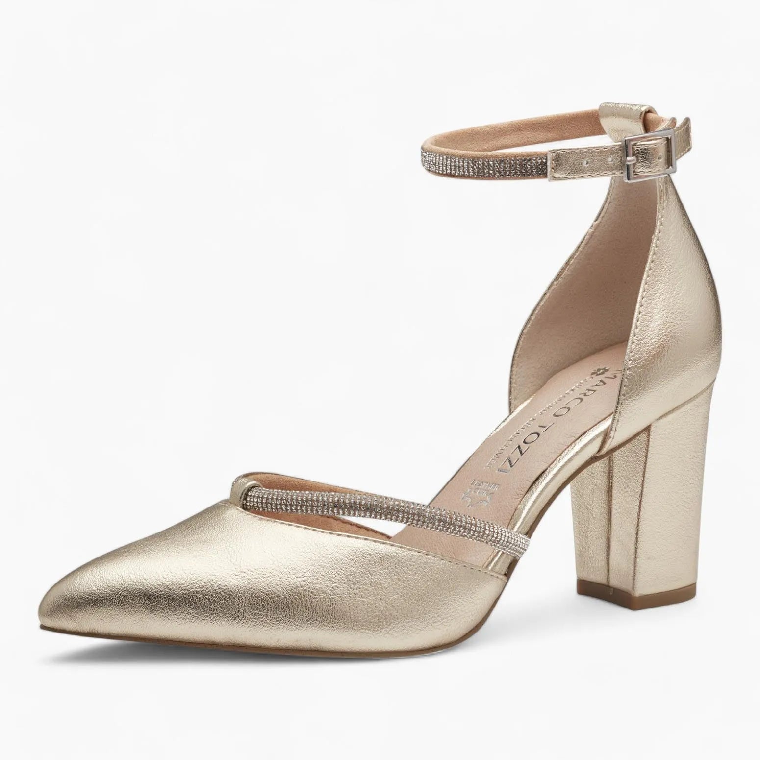 Marco Tozzi Gold Sandal – Glamorous Occasion Wear with Diamanté Details - Leavys Shoes