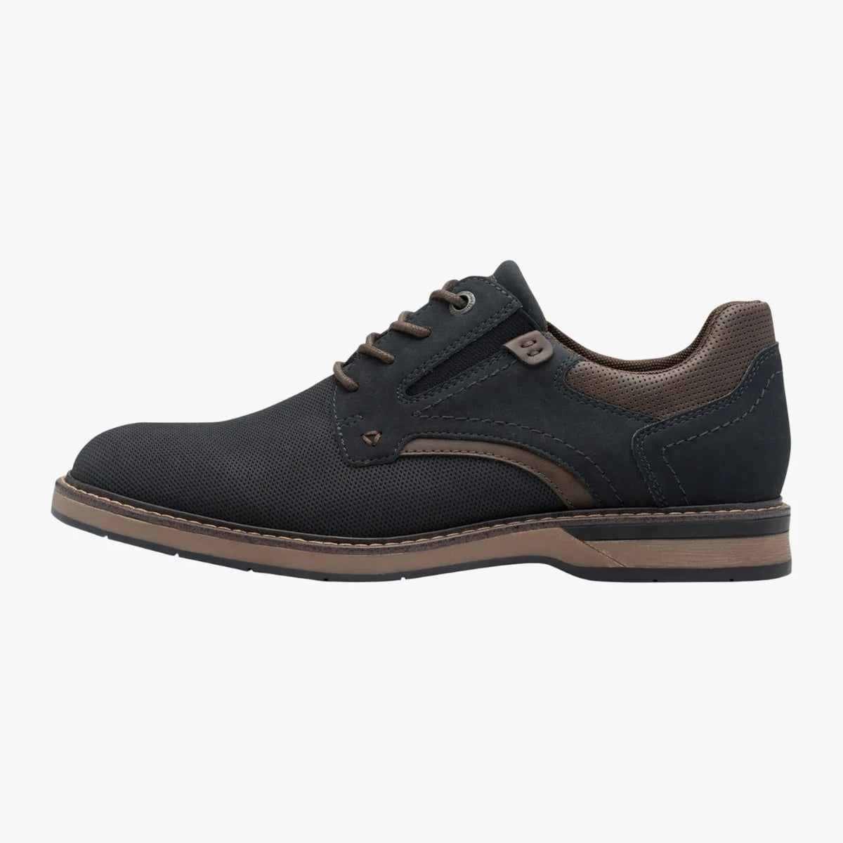 Black shoe with brown accents on a white background