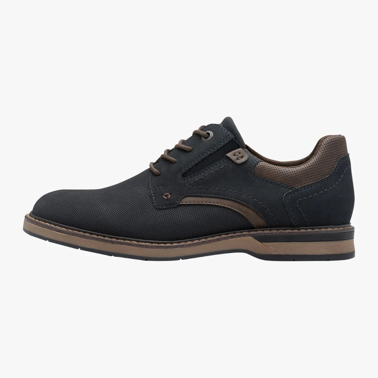 Black shoe with brown accents on a white background