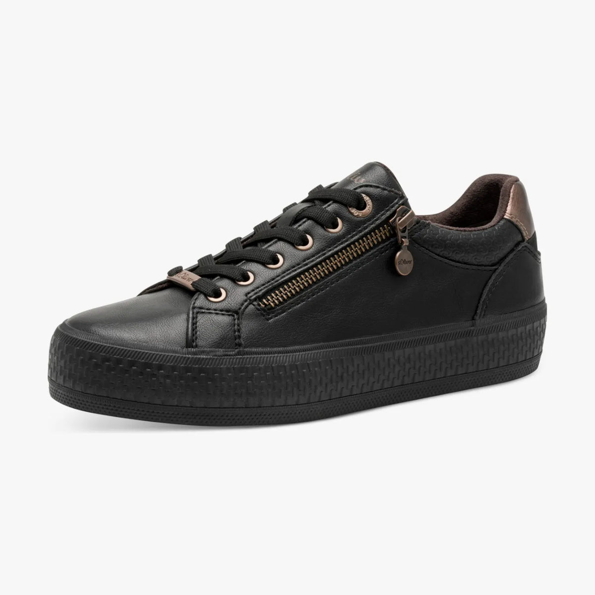 s.Oliver Black Trainers with Zipper Detail - Leavys Shoes