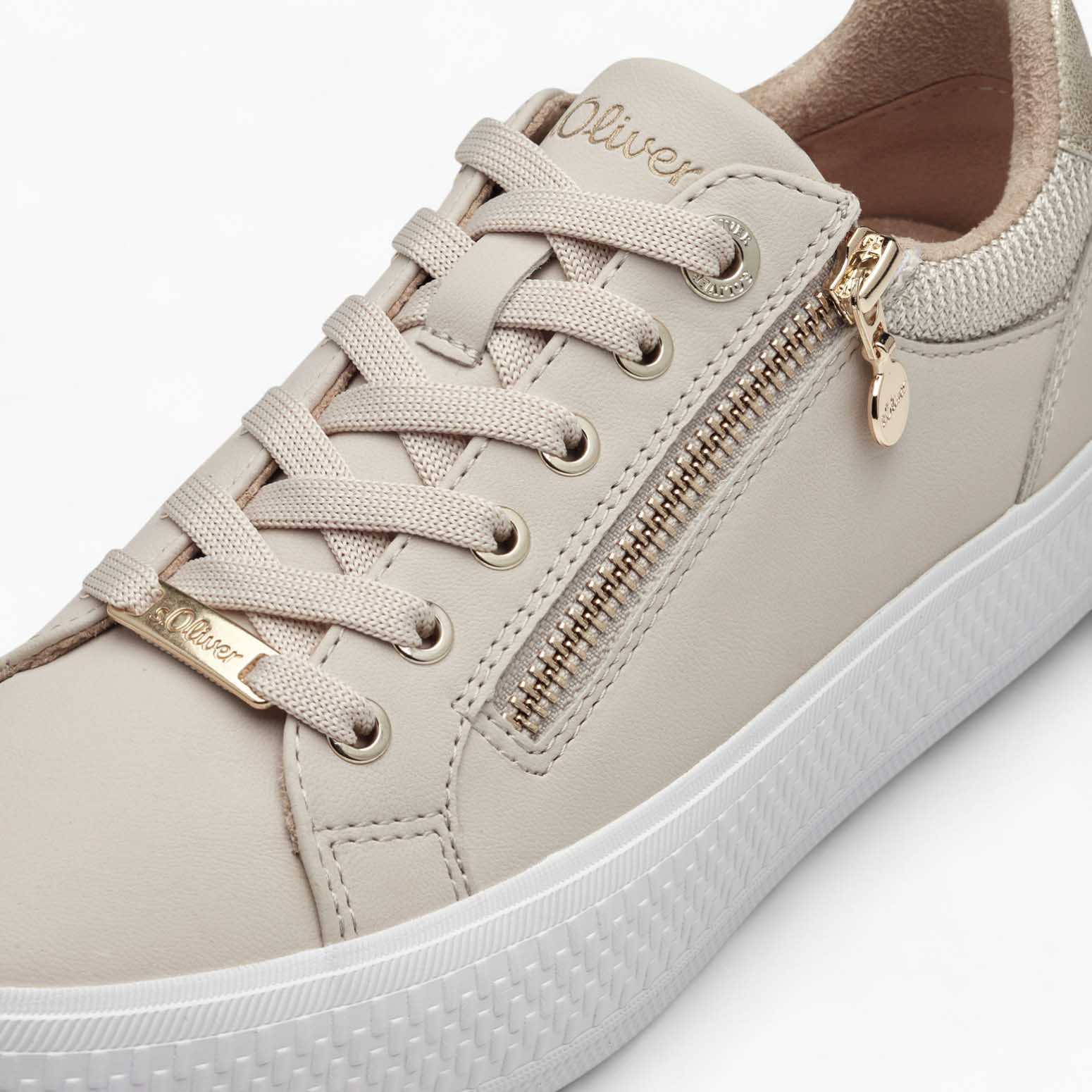 s.Oliver Beige Platform Trainer with Gold Zip Detail