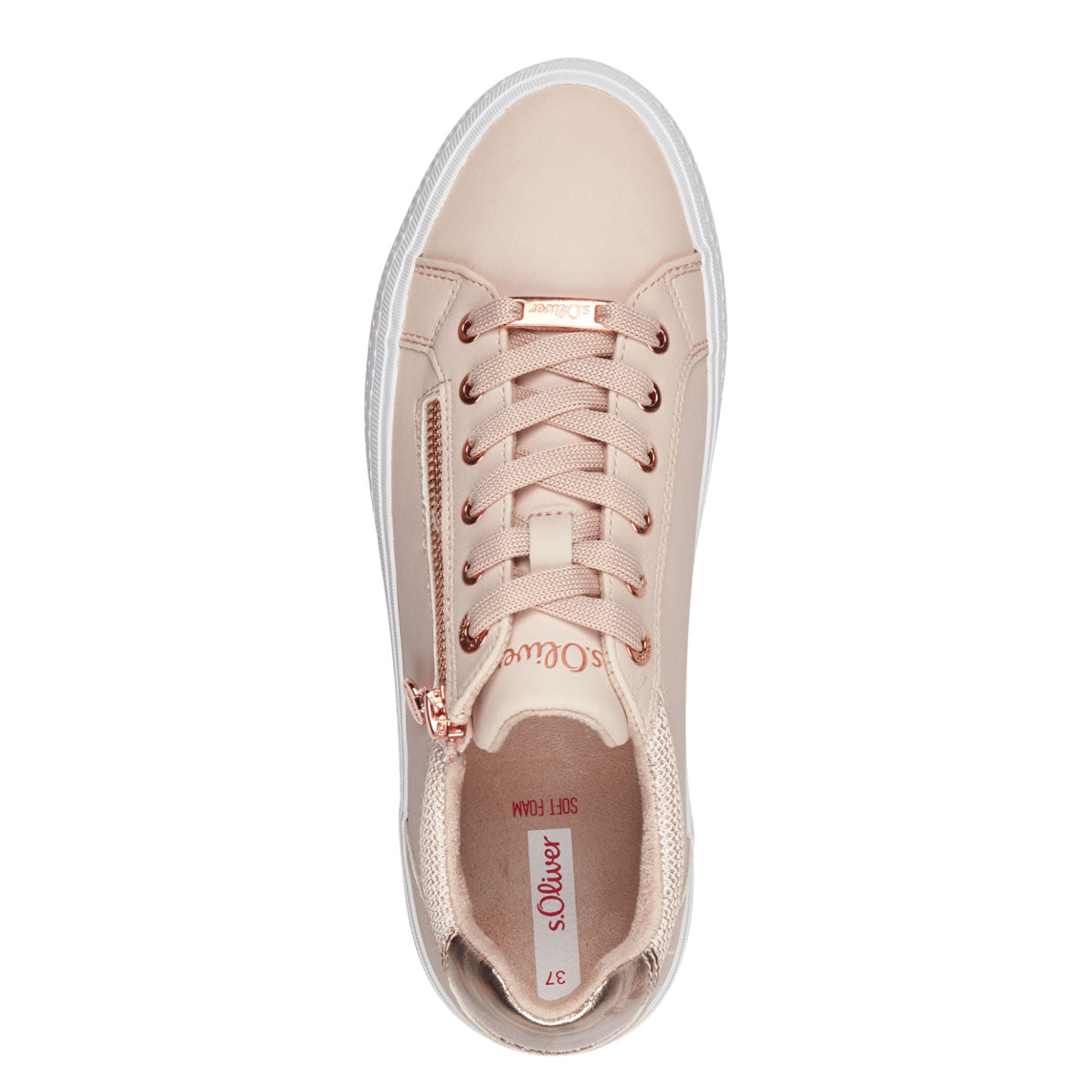 Top view capturing the runner's round toe and rose-coloured laces.