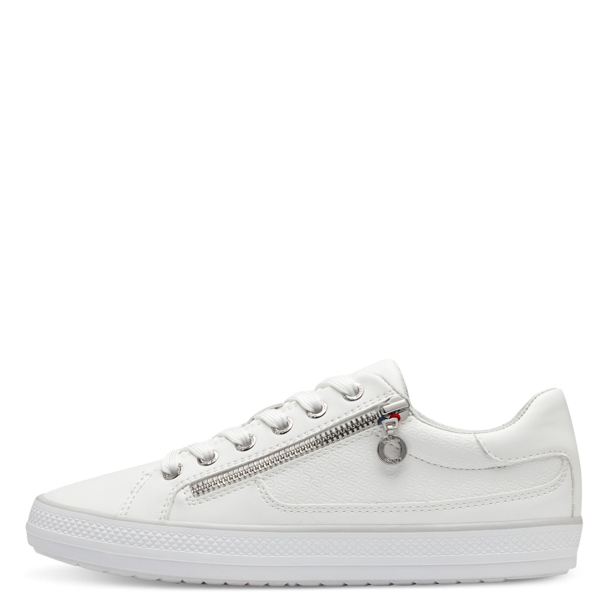 Front view of S.Oliver White Runner Style Sneakers with a rounded toe and white laces.