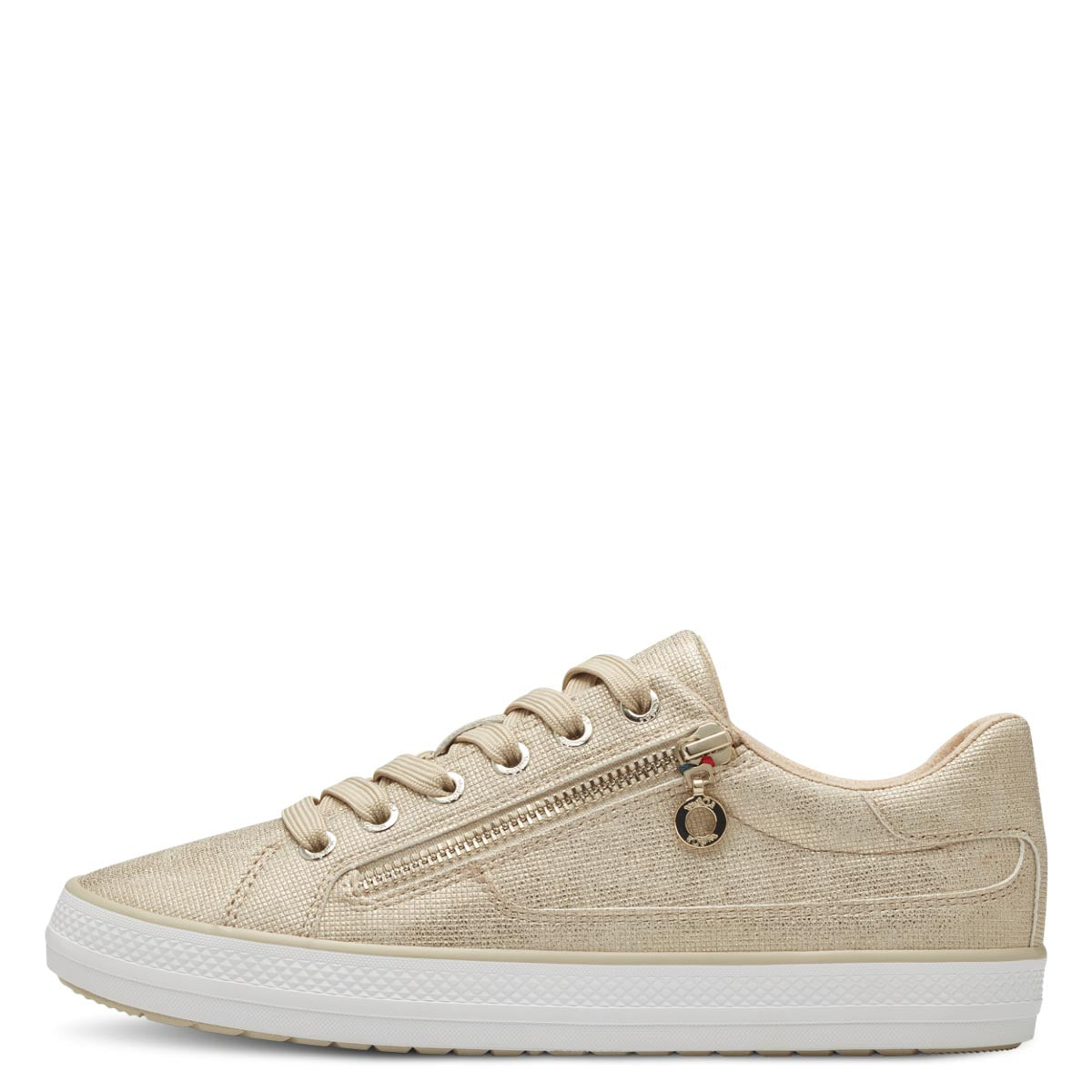 Front view of S.Oliver Gold-Taupe Runner Sneakers, highlighting the rounded toe and unique laces.