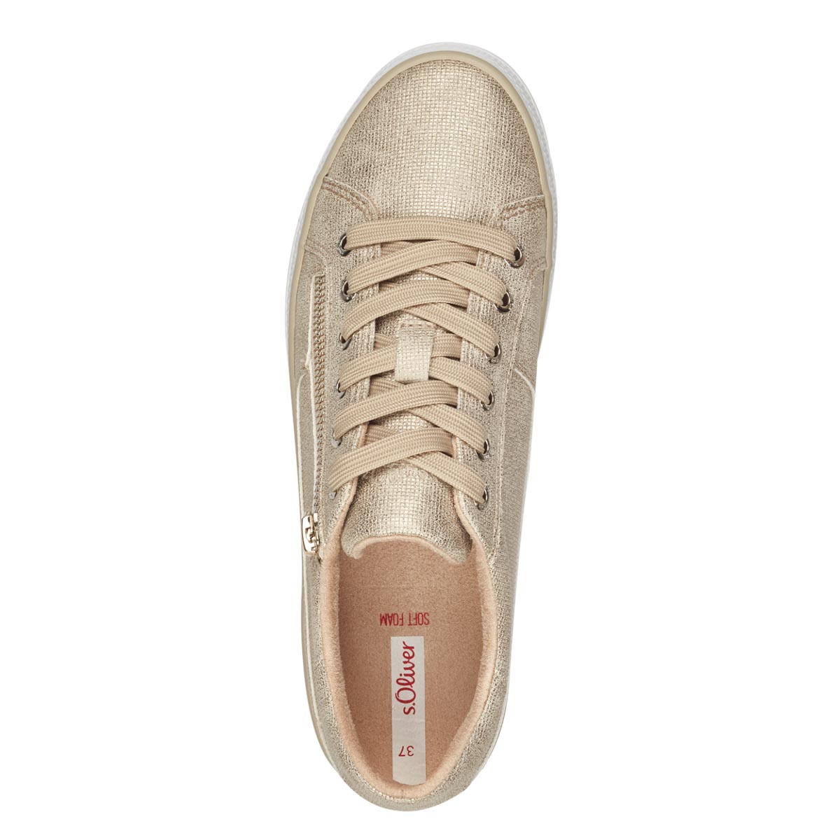  4. Top view of S.Oliver Gold-Taupe Sneakers, focusing on the soft golden taupe laces and elegant design.