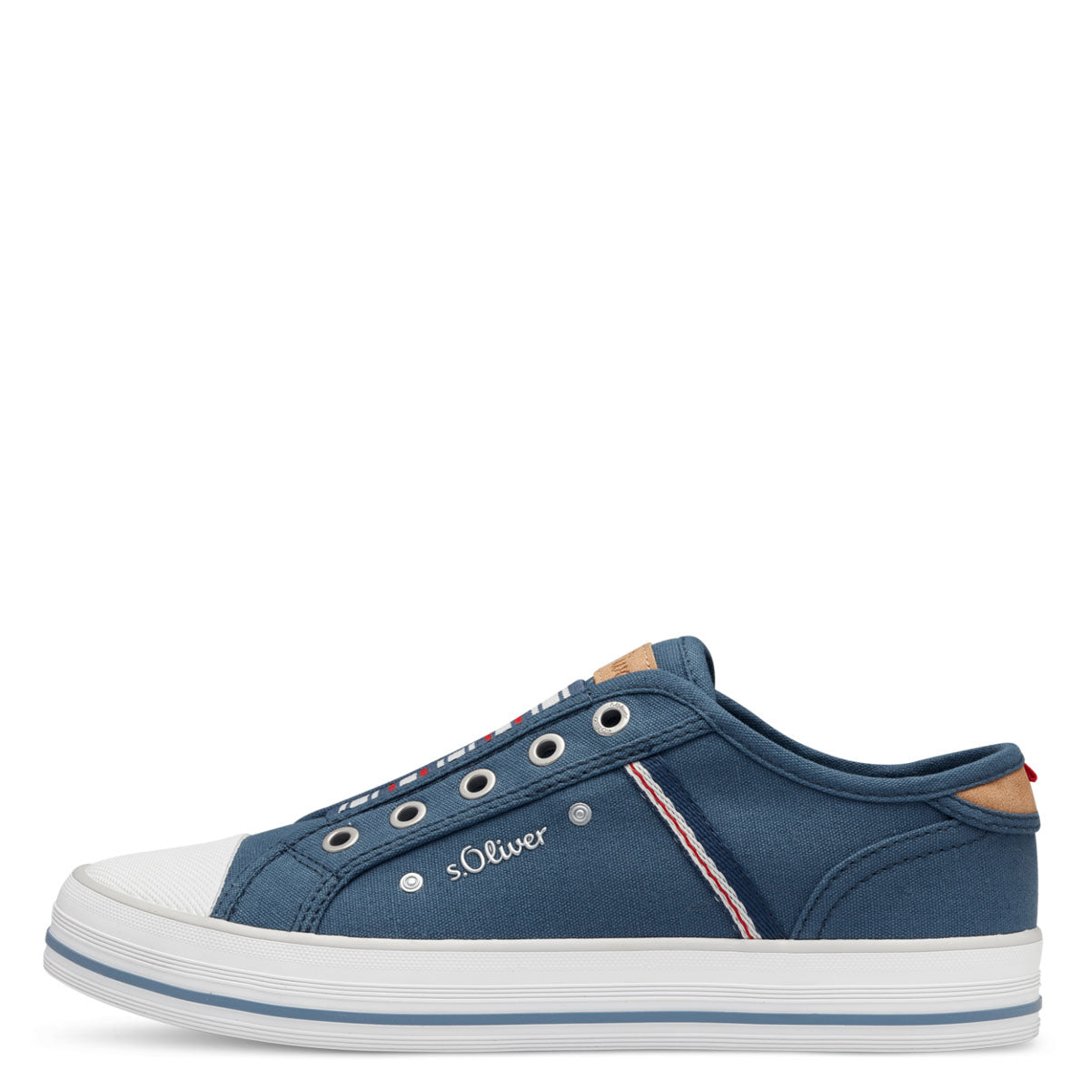     Front view of S Oliver navy canvas slip-on sneakers with white sole and toe cap.