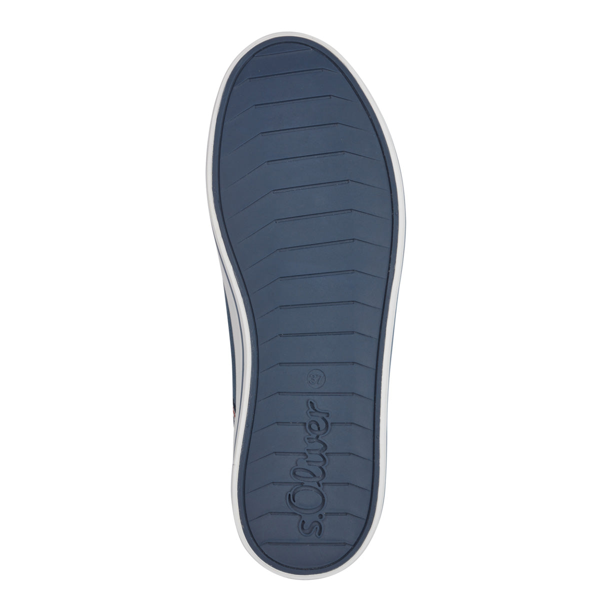 Top view of the S Oliver slip-on navy canvas sneakers, emphasizing the elasticated opening.