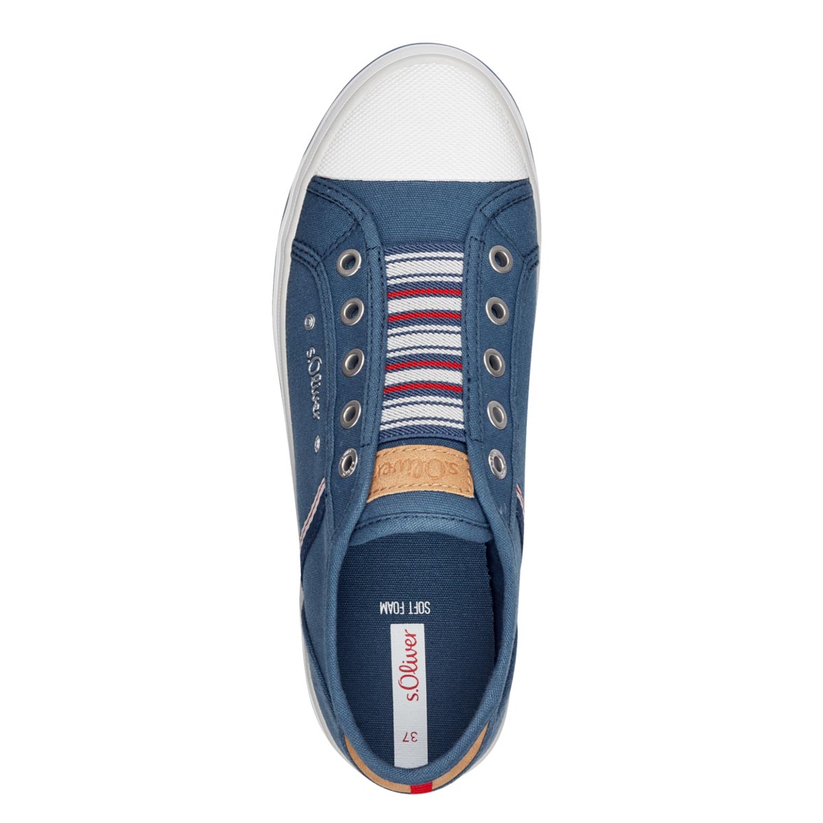 Side view of the S Oliver navy canvas sneakers, showcasing the white toe cap and sole.