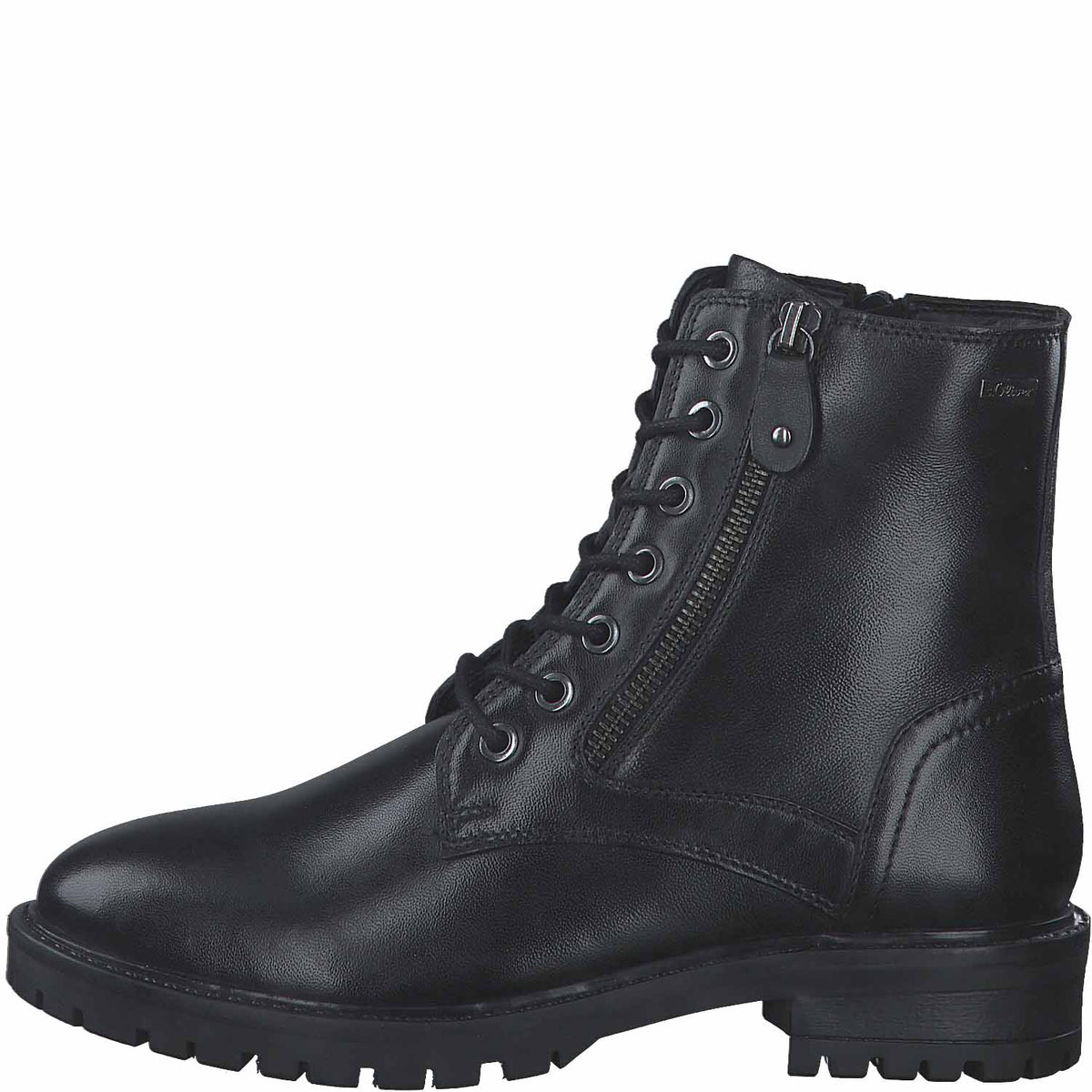 Classic black front view of S. Oliver lace-up boot.