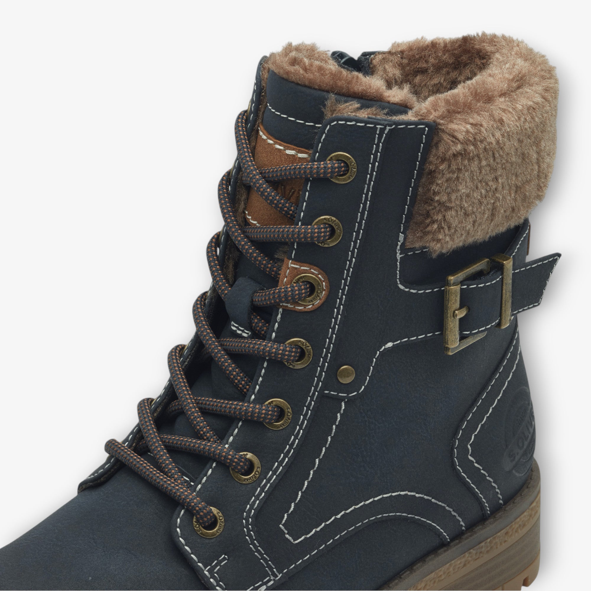 S.Oliver Navy Boots with Brown Sole, Buckle, and Fleece Lining