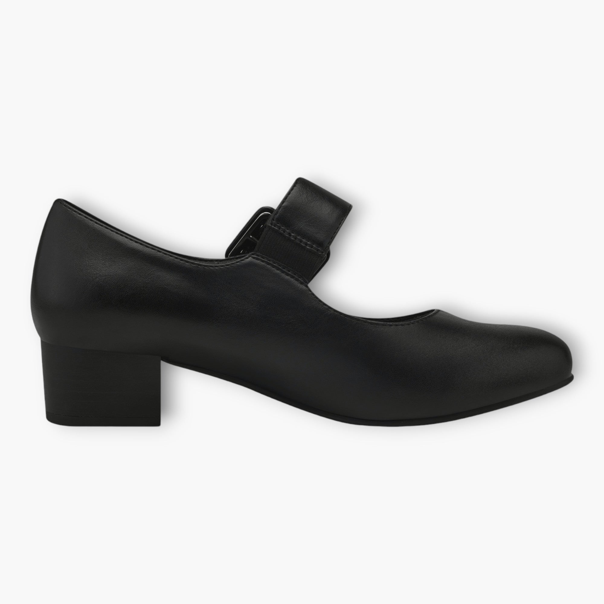 Jana Black Court Shoes with Velcro Strap and Block Heel