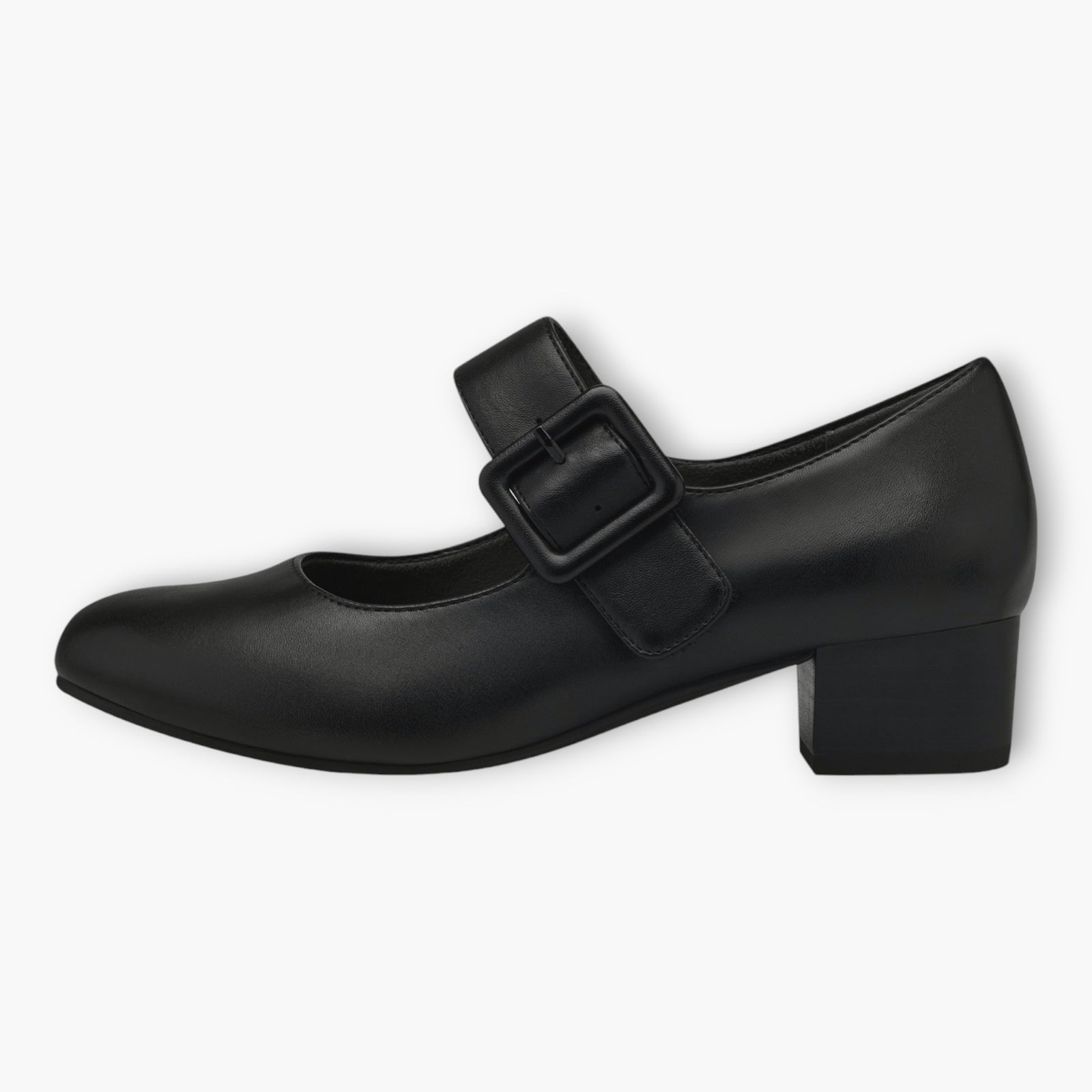 Jana Black Court Shoes with Velcro Strap and Block Heel - Leavys Shoes