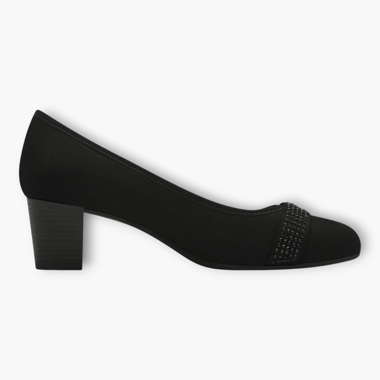 Black Vegan Suede Court Shoes with Block Heel & Strap Detail