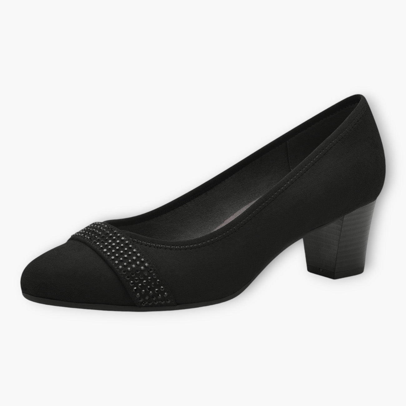 Black Vegan Suede Court Shoes with Block Heel & Strap Detail