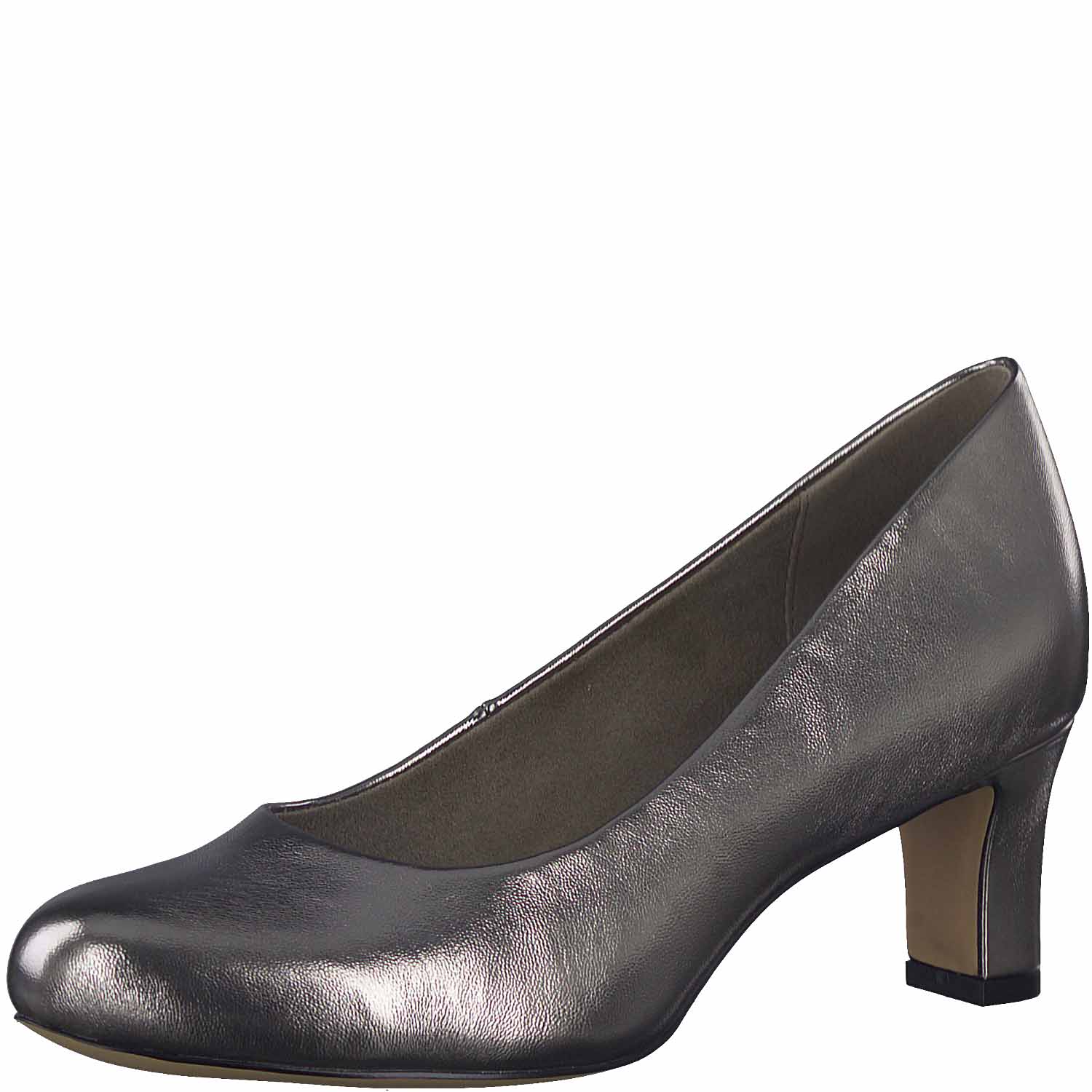 Angled view of the Pewter Low Heel highlighting its unique design.