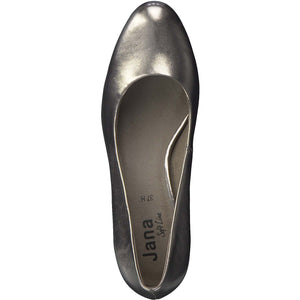 Top view of the Pewter Low Heel showcasing its shiny metallic finish.