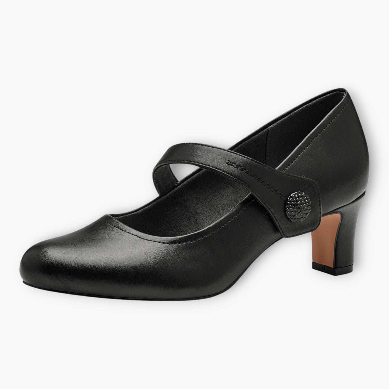 Black Vegan Court Shoes with Block Heel & Cross Strap - Leavys Shoes