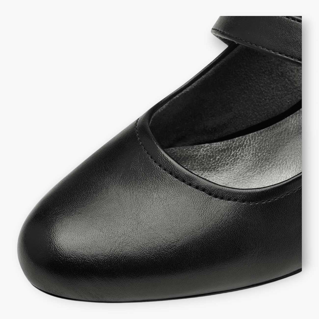 Black Vegan Court Shoes with Block Heel & Cross Strap