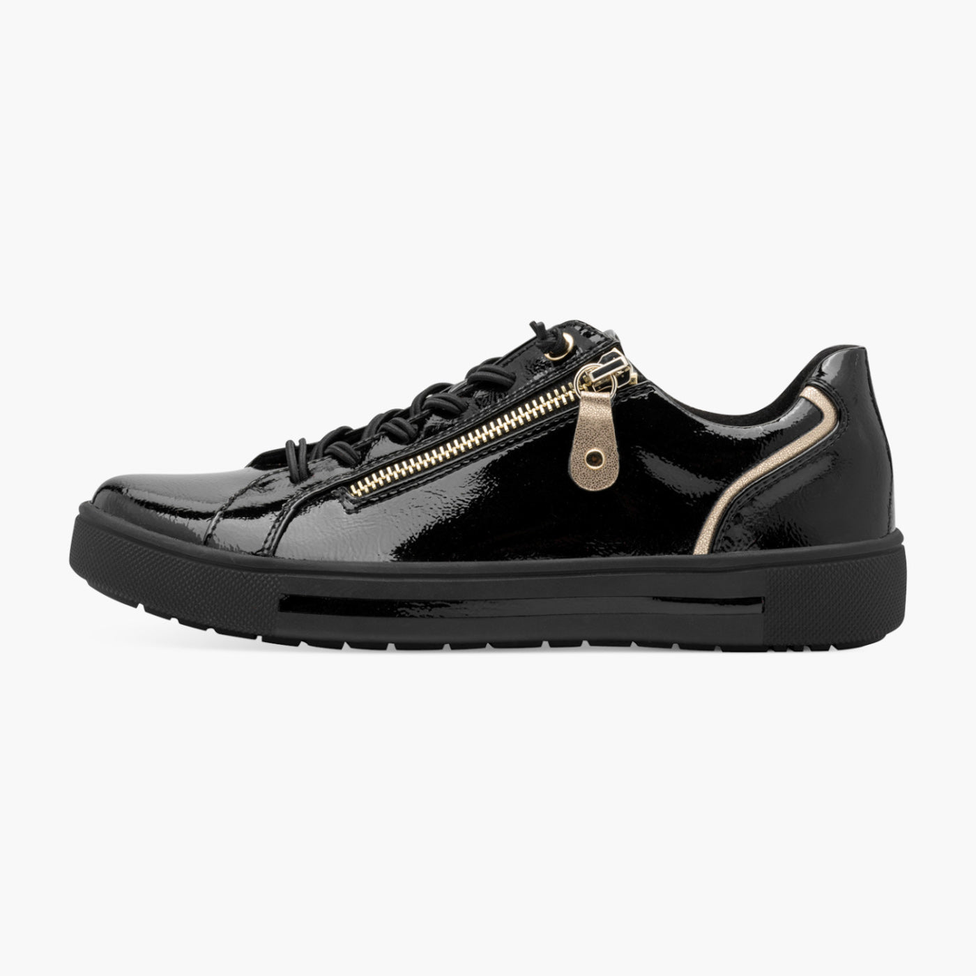Jana Women's Black Patent Trainer with Zip & Bungee Lace