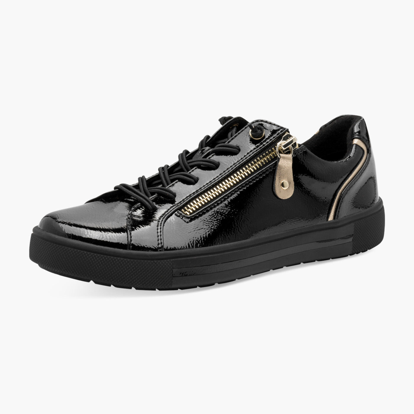 Jana Women's Black Patent Trainer with Zip & Bungee Lace