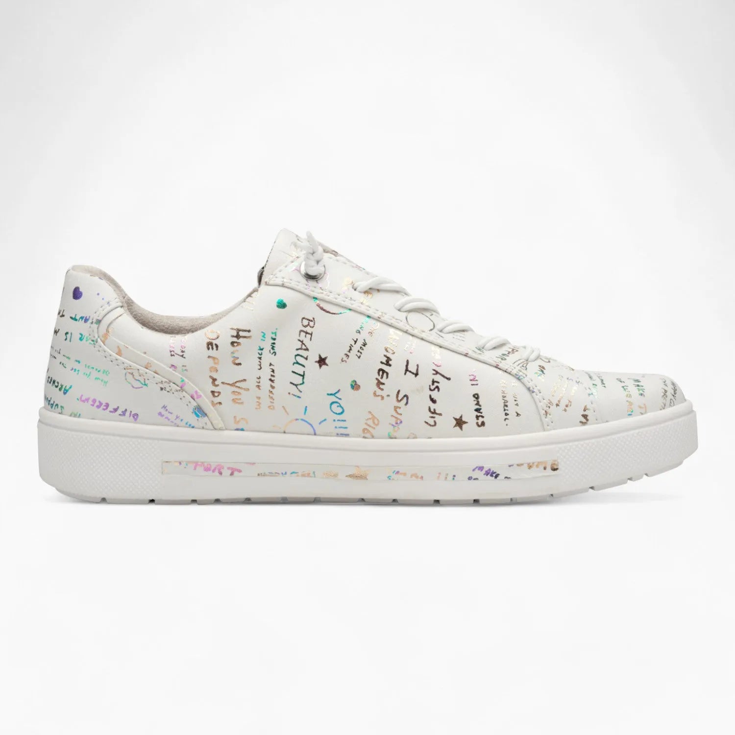 Jana Softline White Runner – Wide Fit & Rainbow Script Print - Leavys Shoes