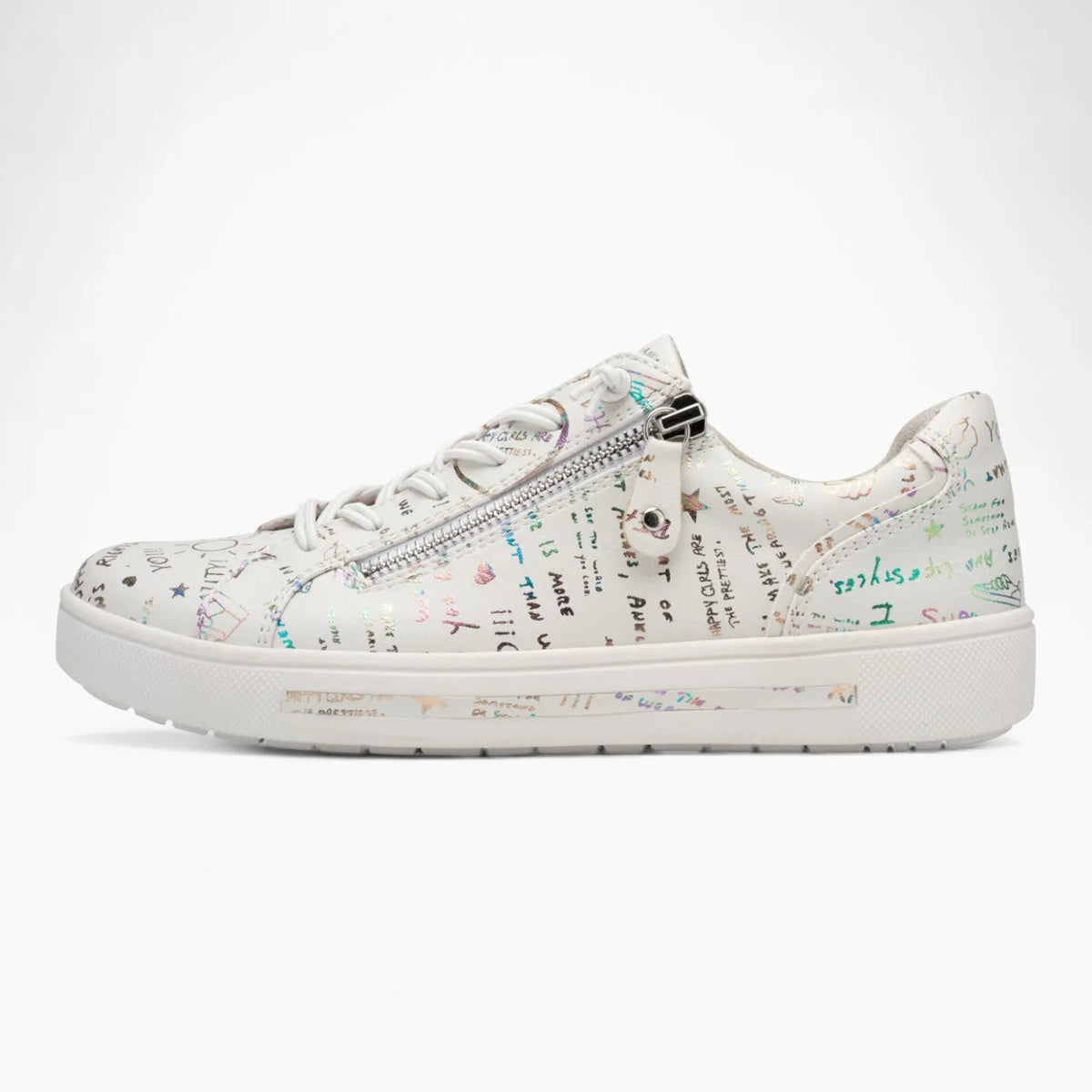 Jana Softline White Runner – Wide Fit &amp; Rainbow Script Print - Leavys Shoes