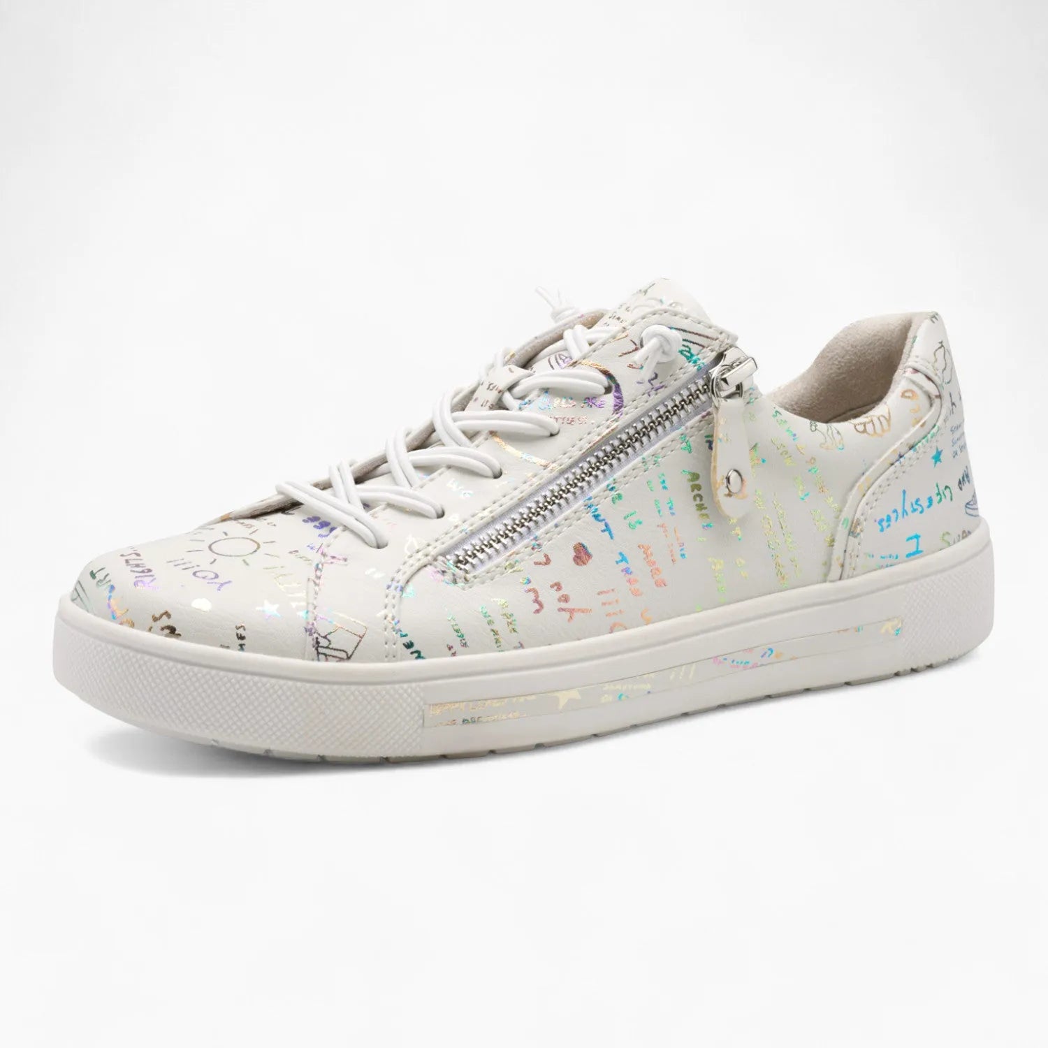 Jana Softline White Runner – Wide Fit & Rainbow Script Print - Leavys Shoes