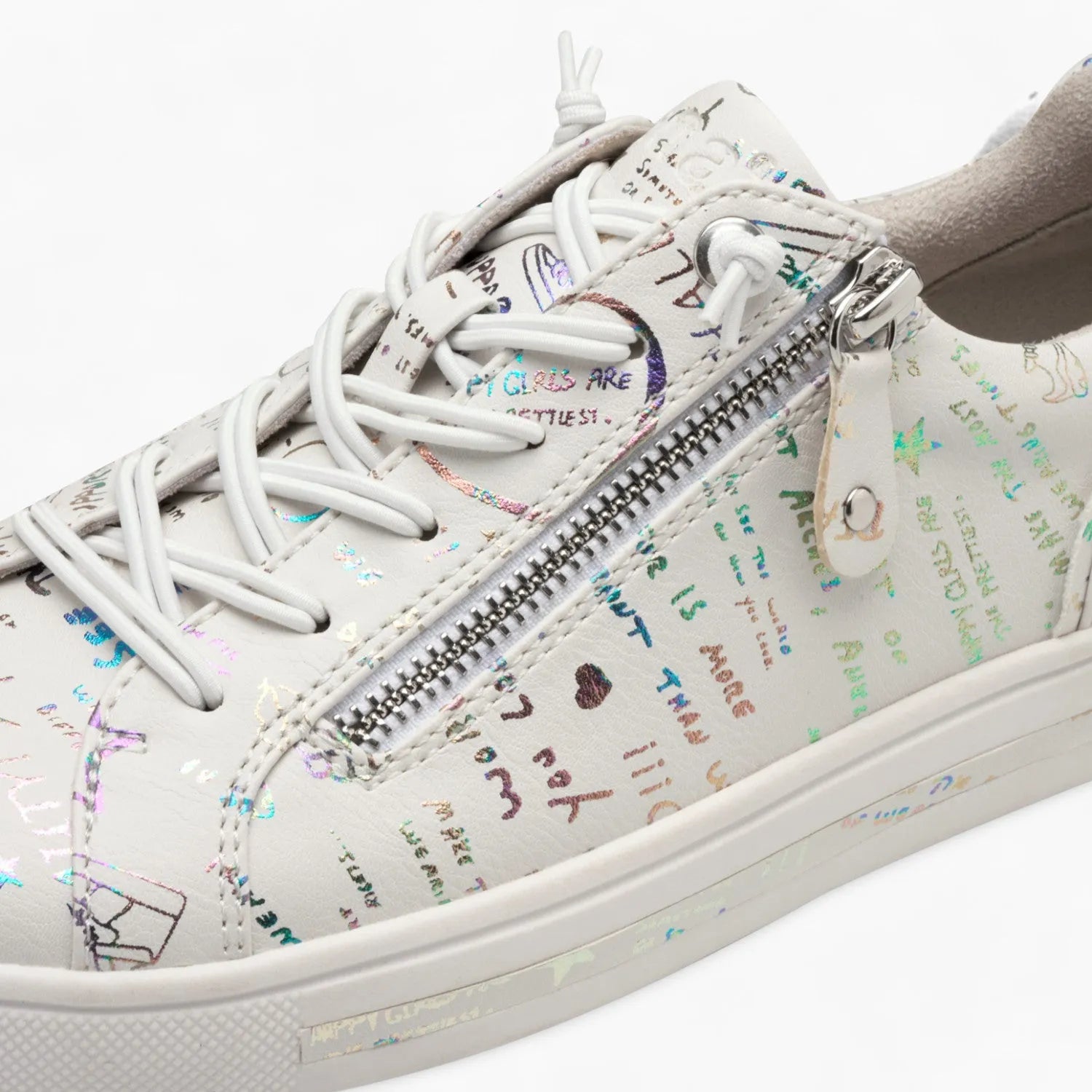 Jana Softline White Runner – Wide Fit & Rainbow Script Print - Leavys Shoes