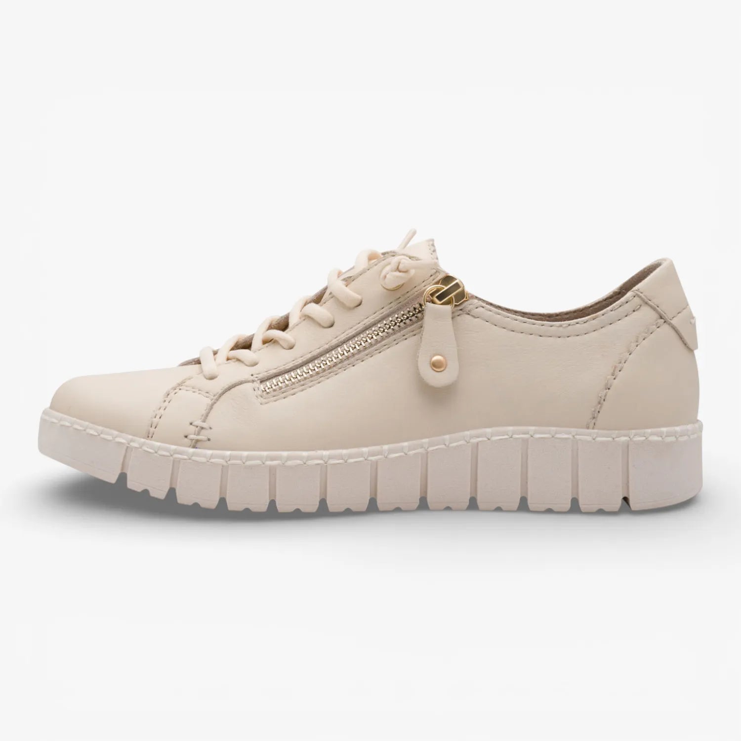 Jana Softline Leather Beige Lace-Up Trainer (Wide Fit H)