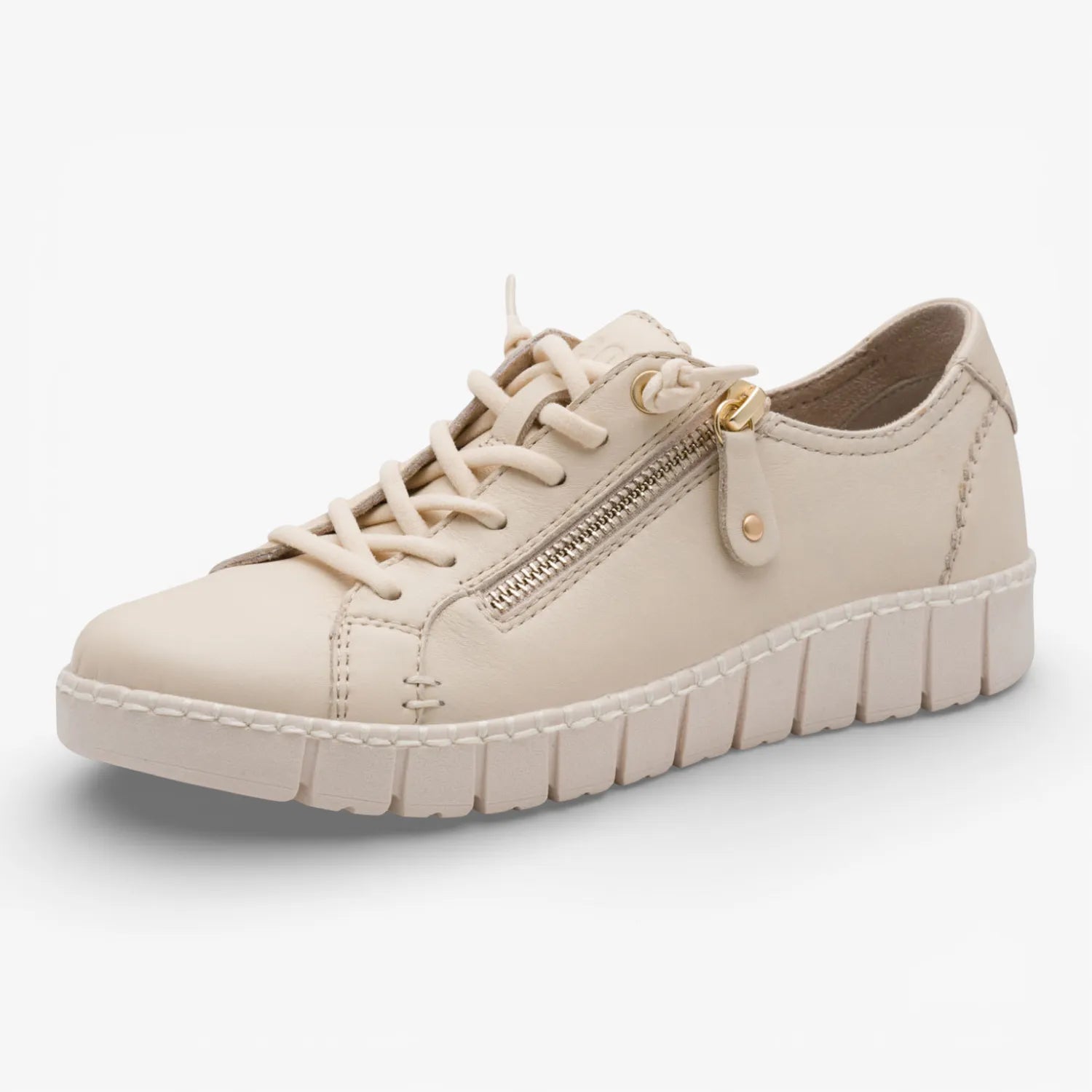 Jana Softline Leather Beige Lace-Up Trainer (Wide Fit H)