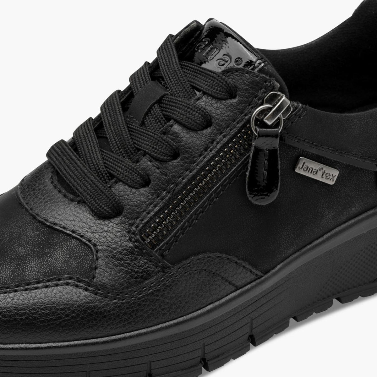 Jana Vegan Lace-Up Trainer in Black with Side Zip – TEX Comfort - Leavys Shoes