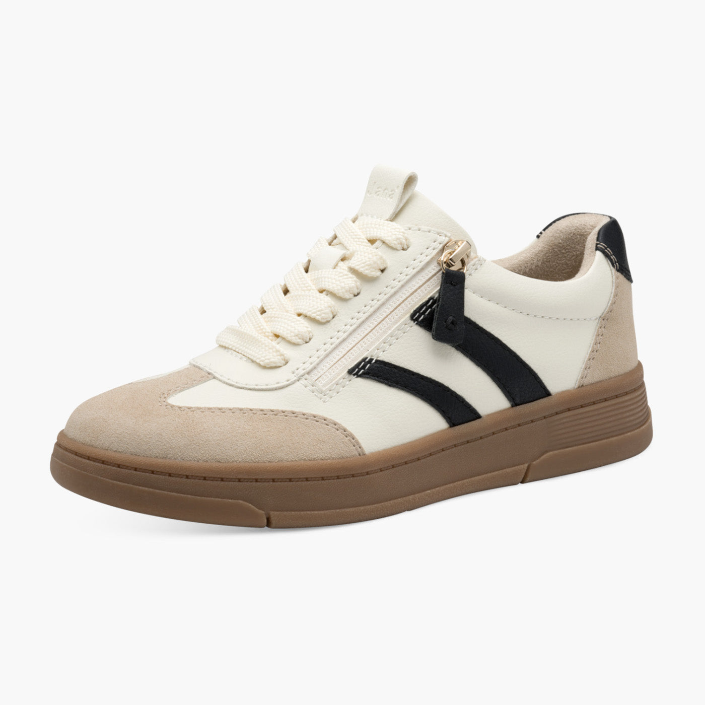 Jana Women’s Cream Trainer with Black Stripe and Side Zip - Leavys Shoes