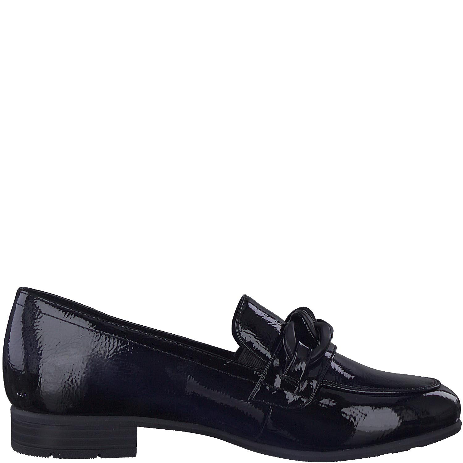 Side view of the inside of Jana Black Patent Loafer showing the wide fitting.