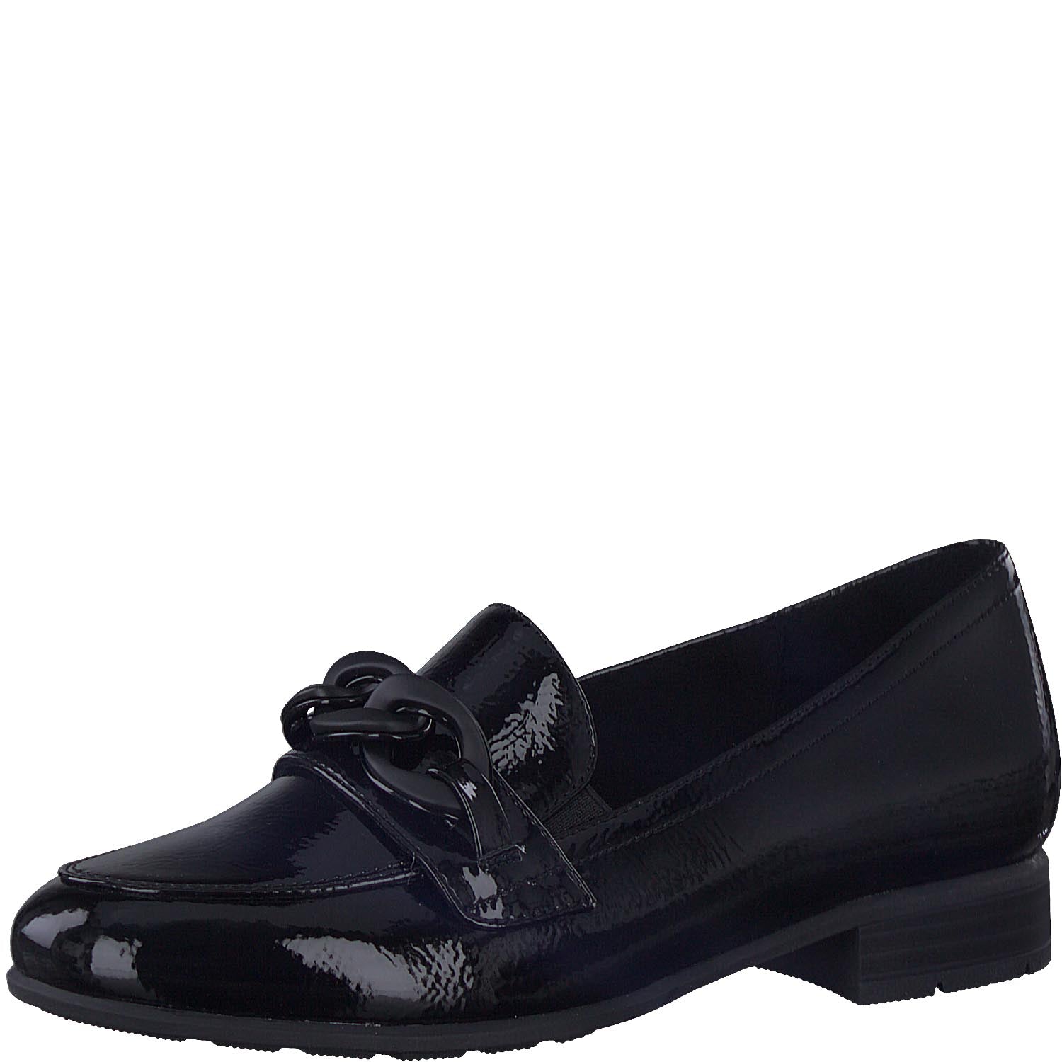 Angled view of Jana Black Patent Loafer highlighting the matte chain-link.