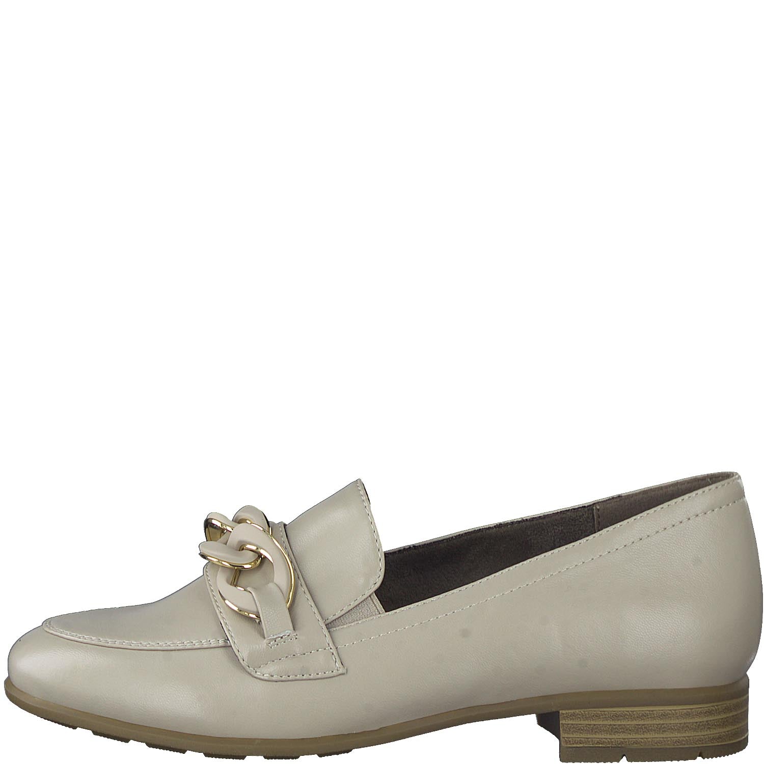 Front view of Jana beige loafer with chain link.