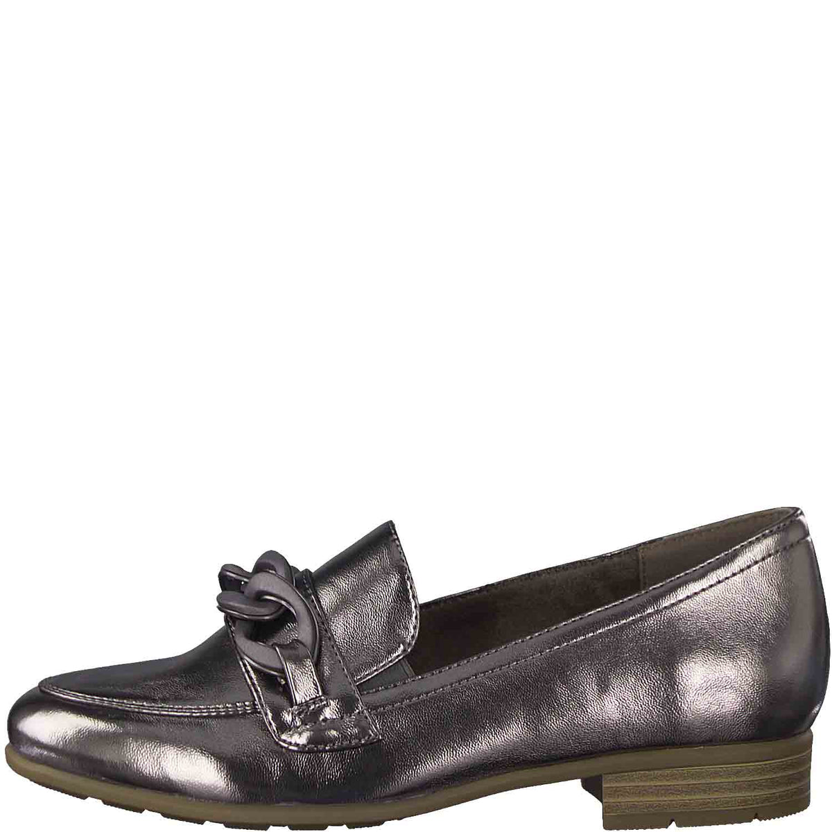 Front view of Jana&#39;s Pewter Loafer with Chain Link.